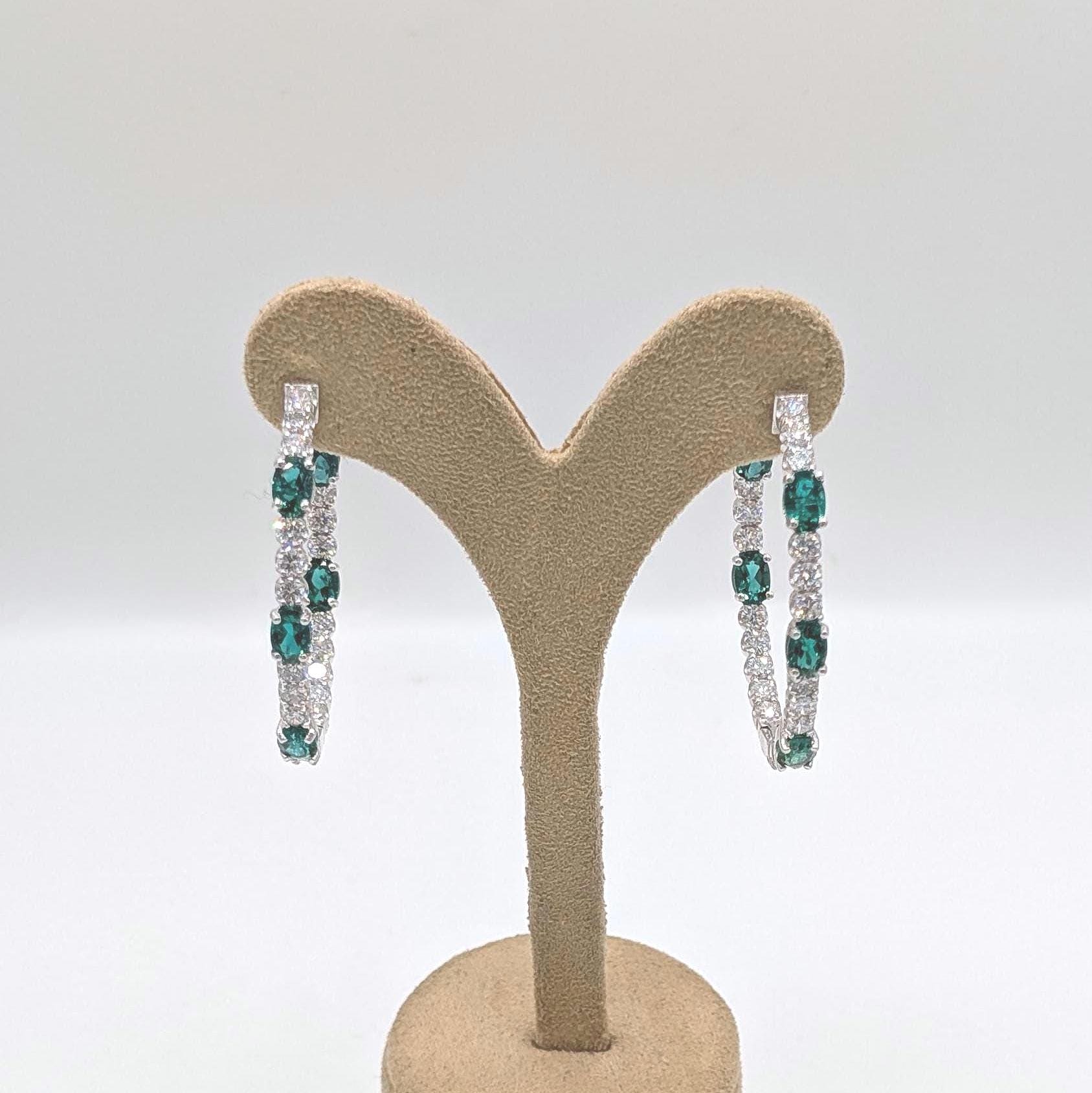 Large 14k White Gold Hoop Earrings with Oval Lab Emeralds and Round Lab Diamonds (etsy image id: 6866598494)