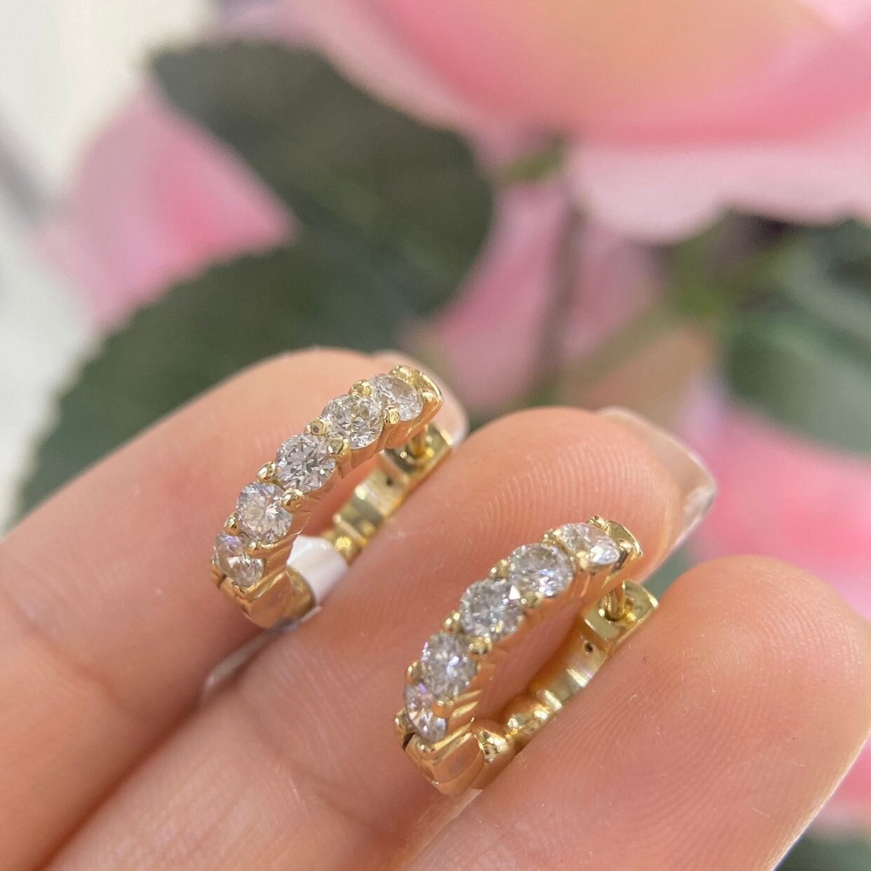 14k Yellow Gold small hoop earrings with round cut diamonds (etsy image id: 6879692331)