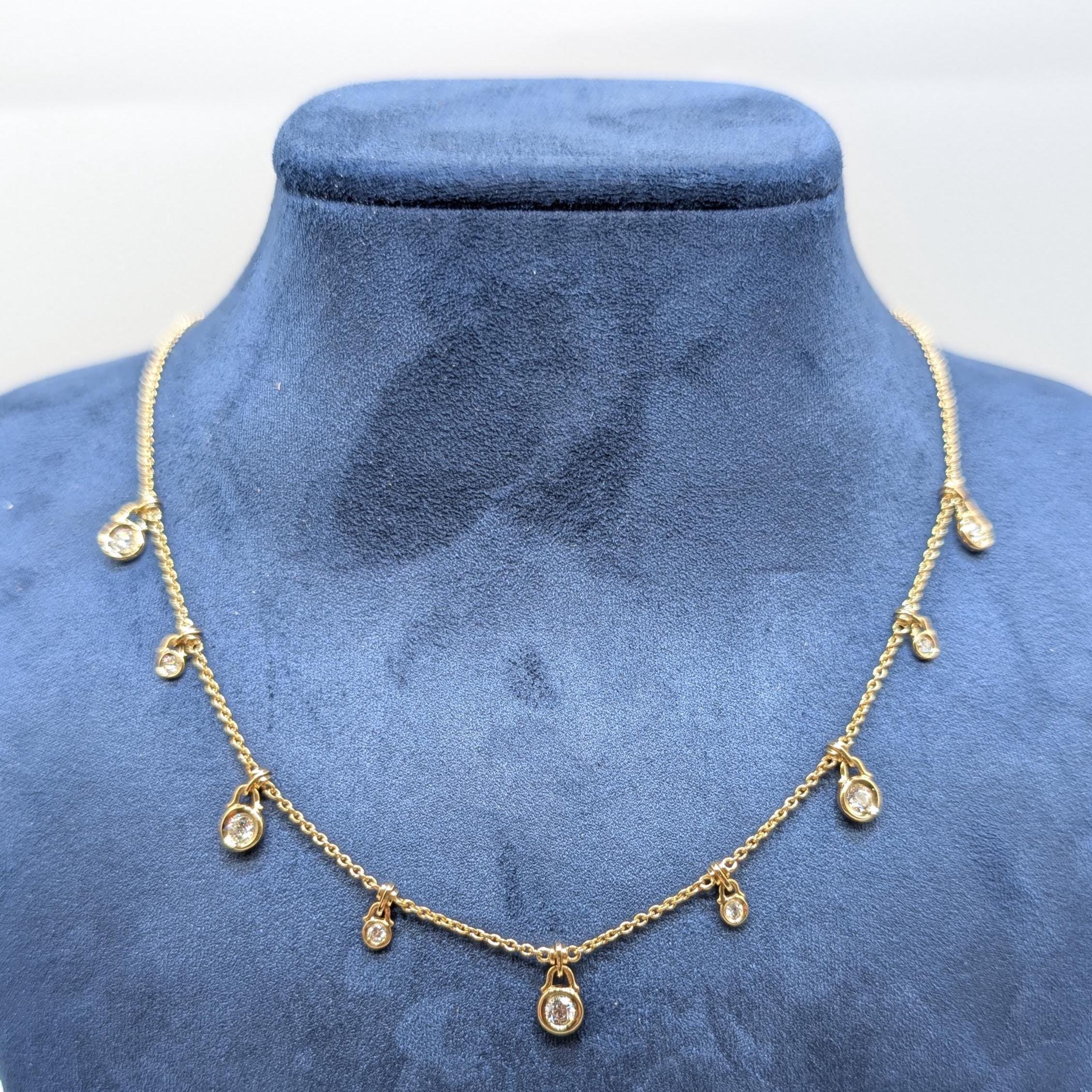 18k yellow gold diamond by the yard necklace with 9 round cut diamonds (etsy image id: 6898290319)
