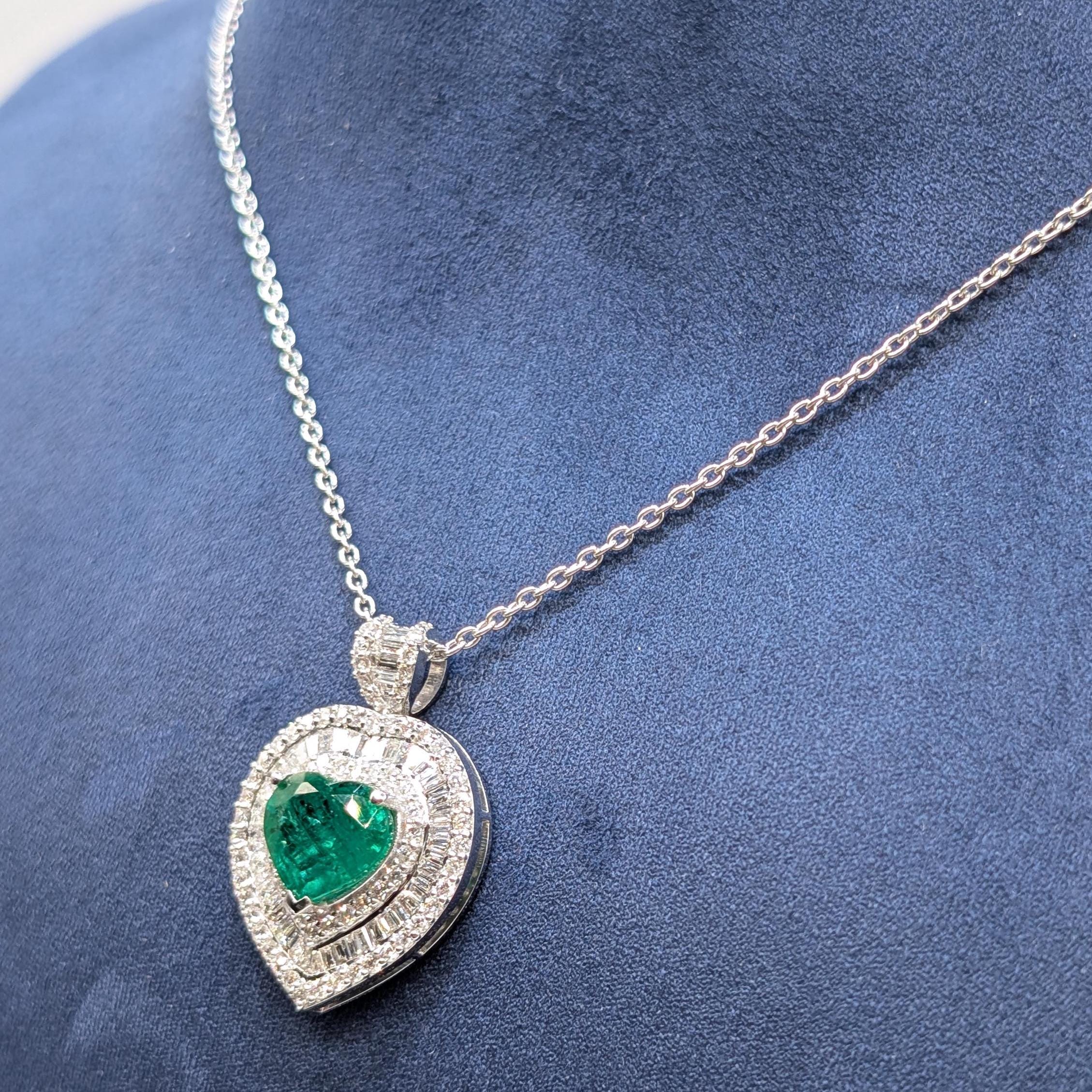White Gold Necklace with Heart Shape Pendant with Round & Baguette Diamonds and Heart Shape Green Emerald (etsy image id: 6898444151)