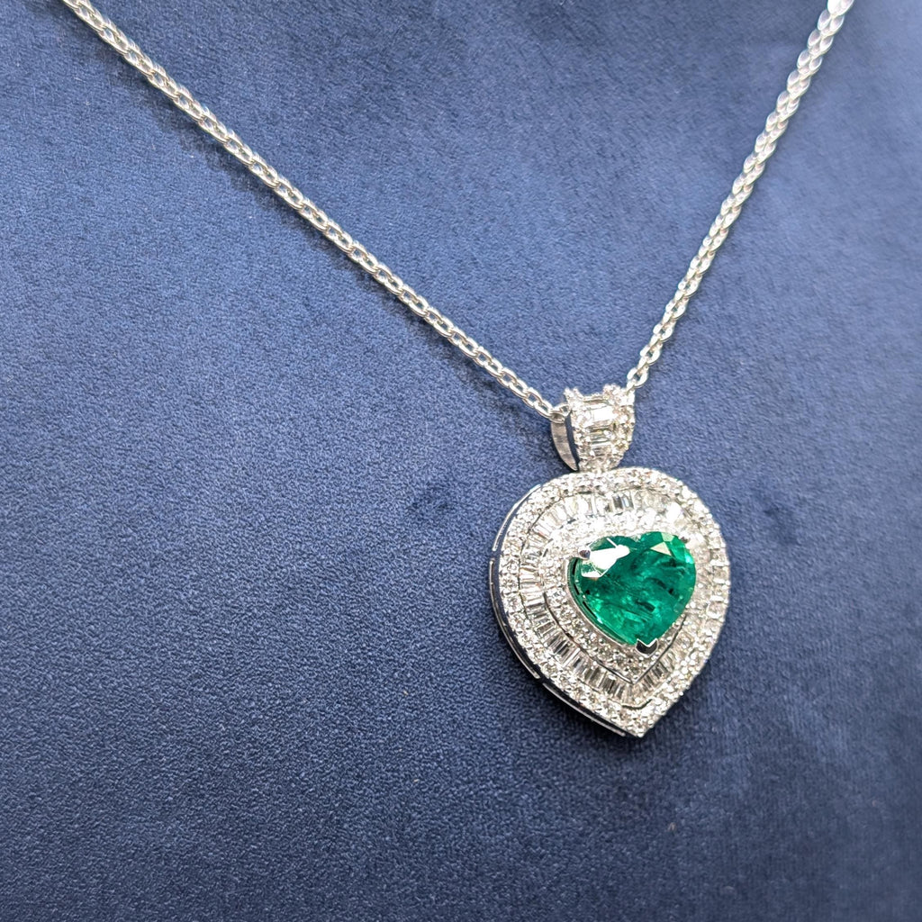 White Gold Necklace with Heart Shape Pendant with Round & Baguette Diamonds and Heart Shape Green Emerald (etsy image id: 6898445163)