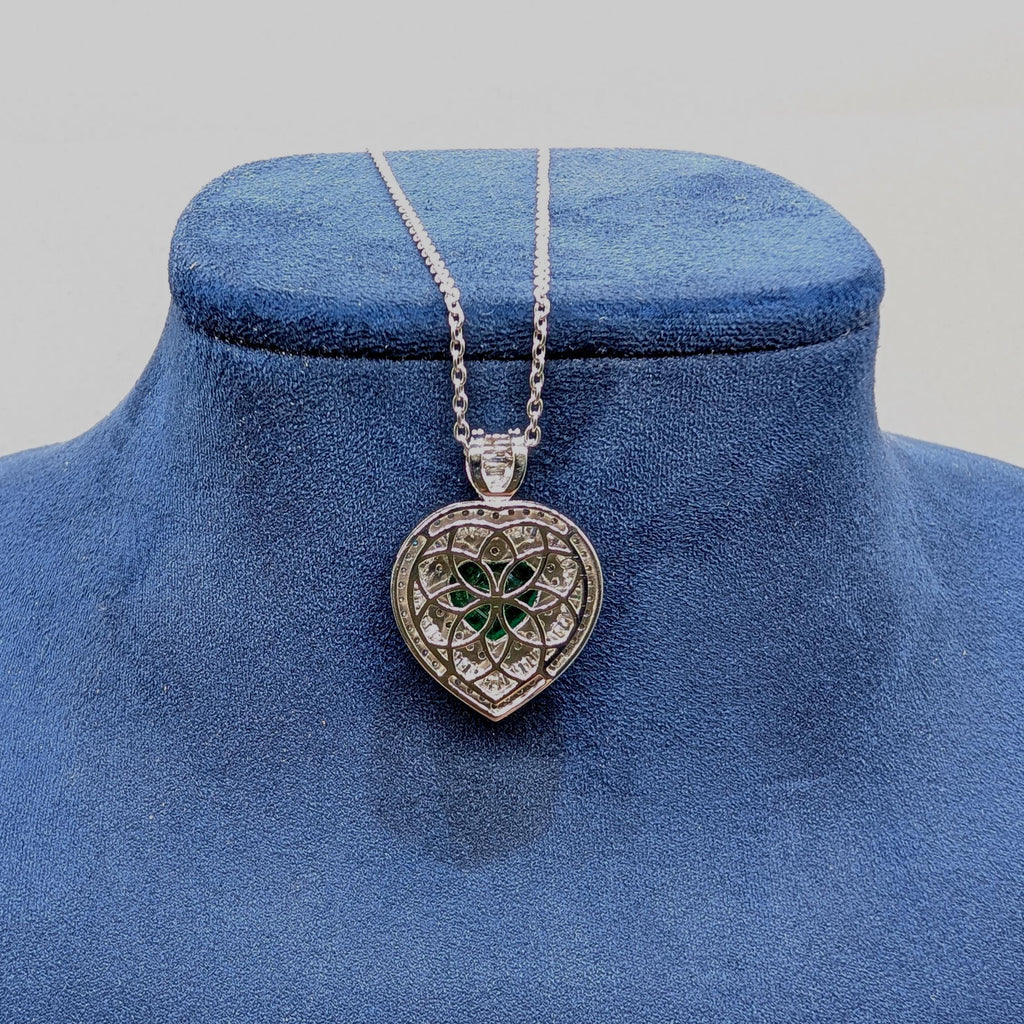 White Gold Necklace with Heart Shape Pendant with Round & Baguette Diamonds and Heart Shape Green Emerald (etsy image id: 6898446379)
