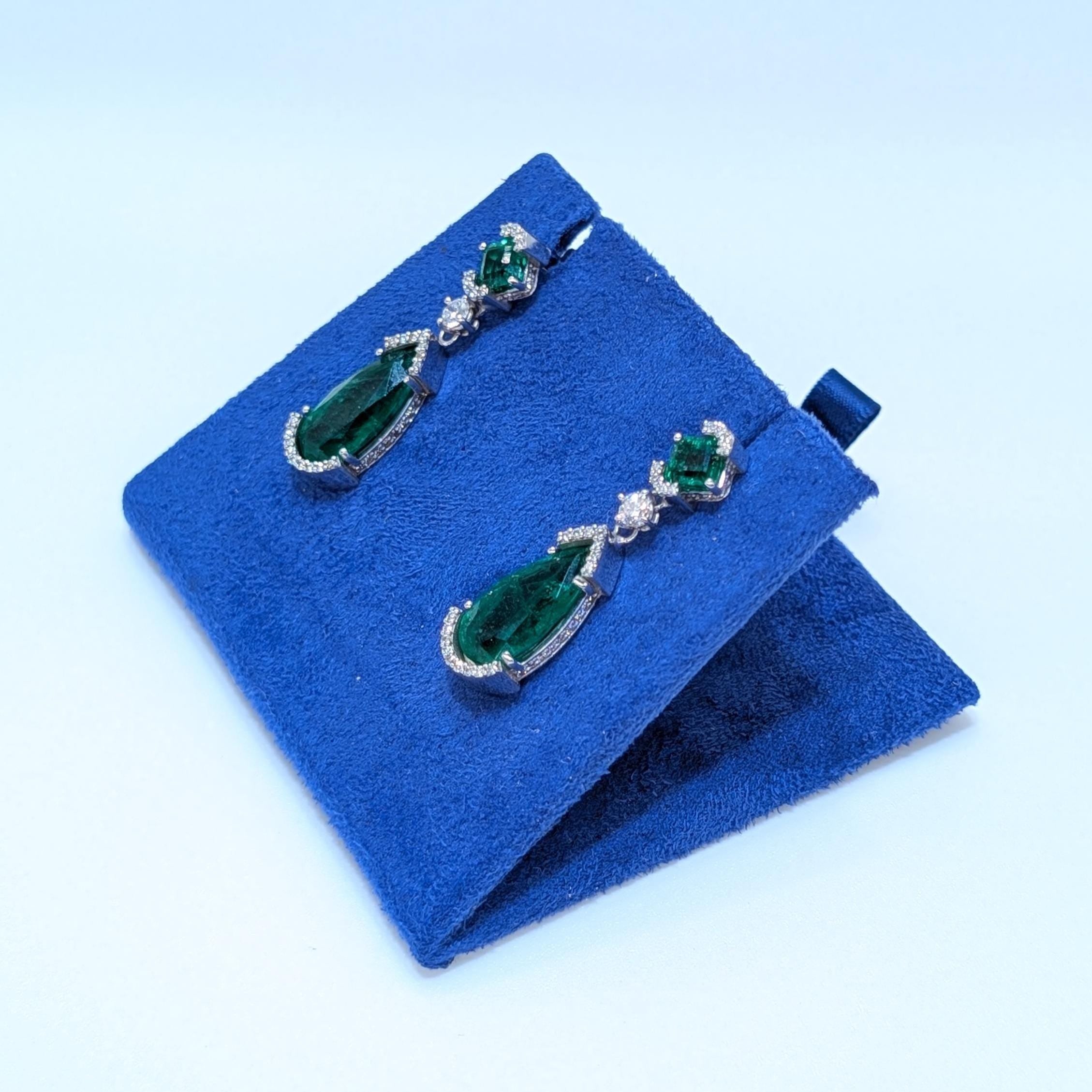 All Natural Pear and Radiant Cut Emeralds and Diamonds 14K White Gold Dangling Earrings (etsy image id: 6912172049)