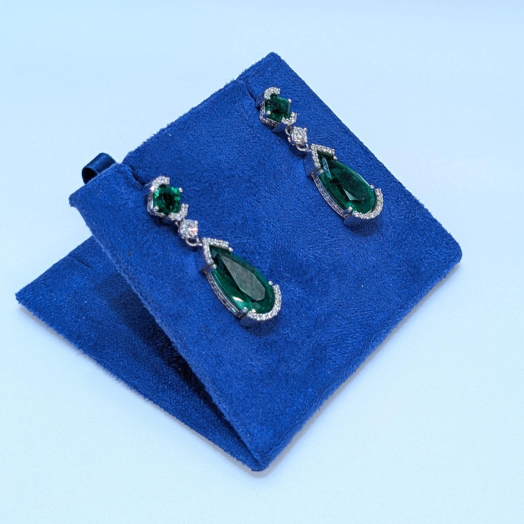 All Natural Pear and Radiant Cut Emeralds and Diamonds 14K White Gold Dangling Earrings (etsy image id: 6912172541)