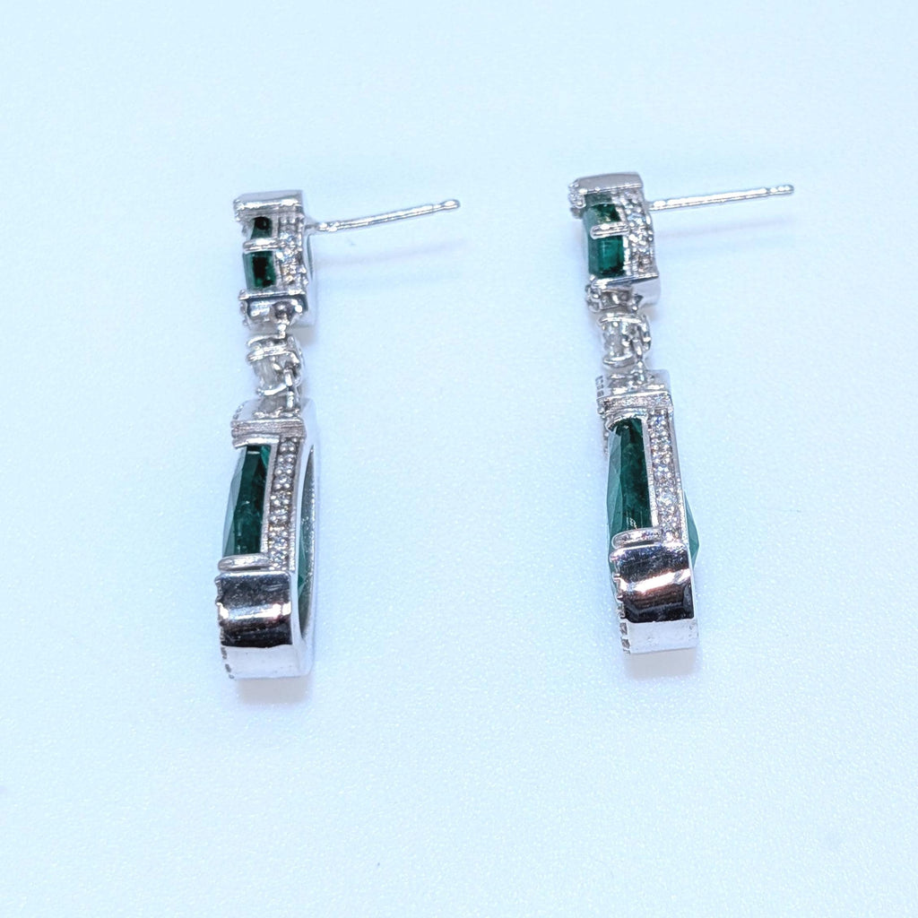 All Natural Pear and Radiant Cut Emeralds and Diamonds 14K White Gold Dangling Earrings (etsy image id: 6912174513)