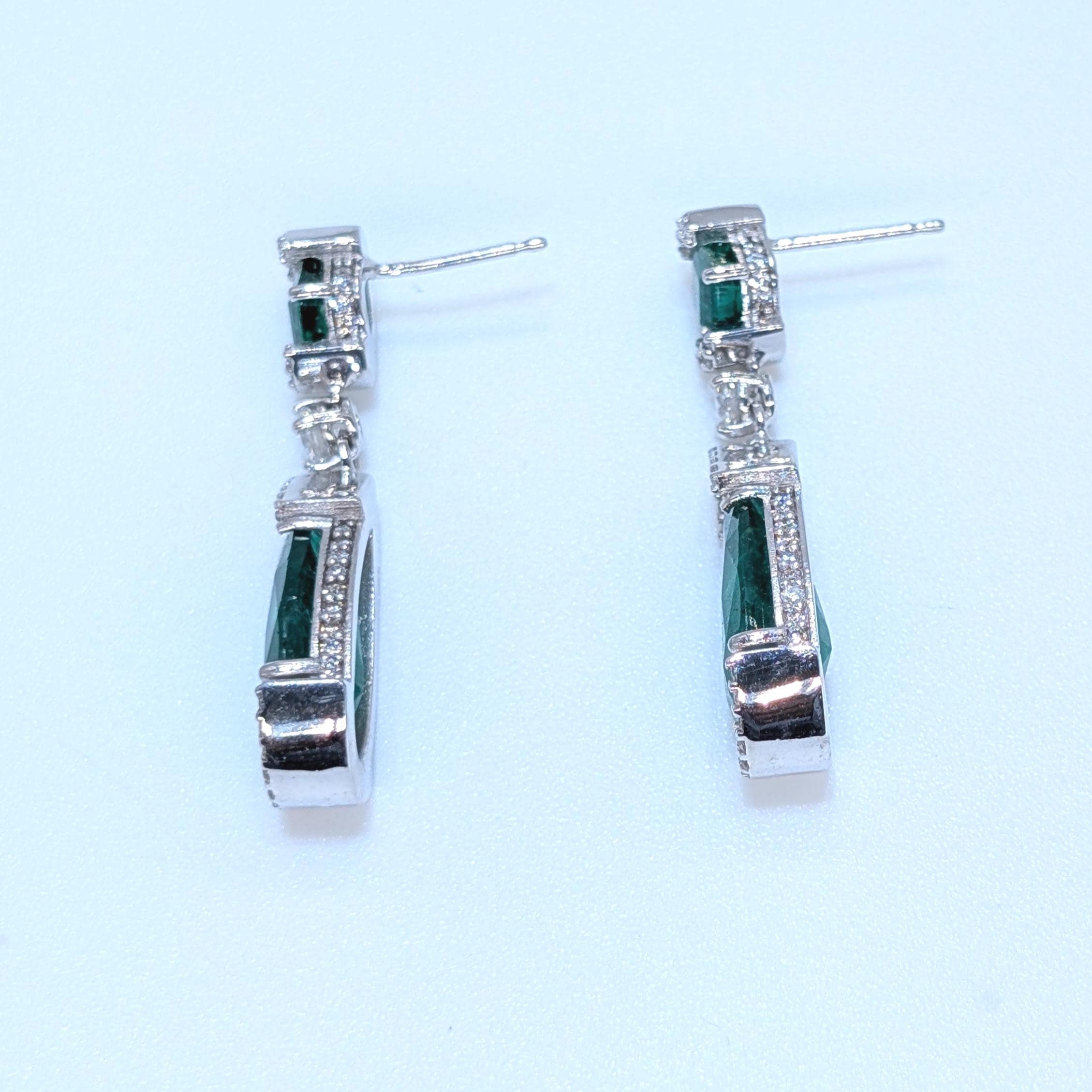 All Natural Pear and Radiant Cut Emeralds and Diamonds 14K White Gold Dangling Earrings (etsy image id: 6912174513)