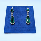 All Natural Pear and Radiant Cut Emeralds and Diamonds 14K White Gold Dangling Earrings (etsy image id: 6912175937)