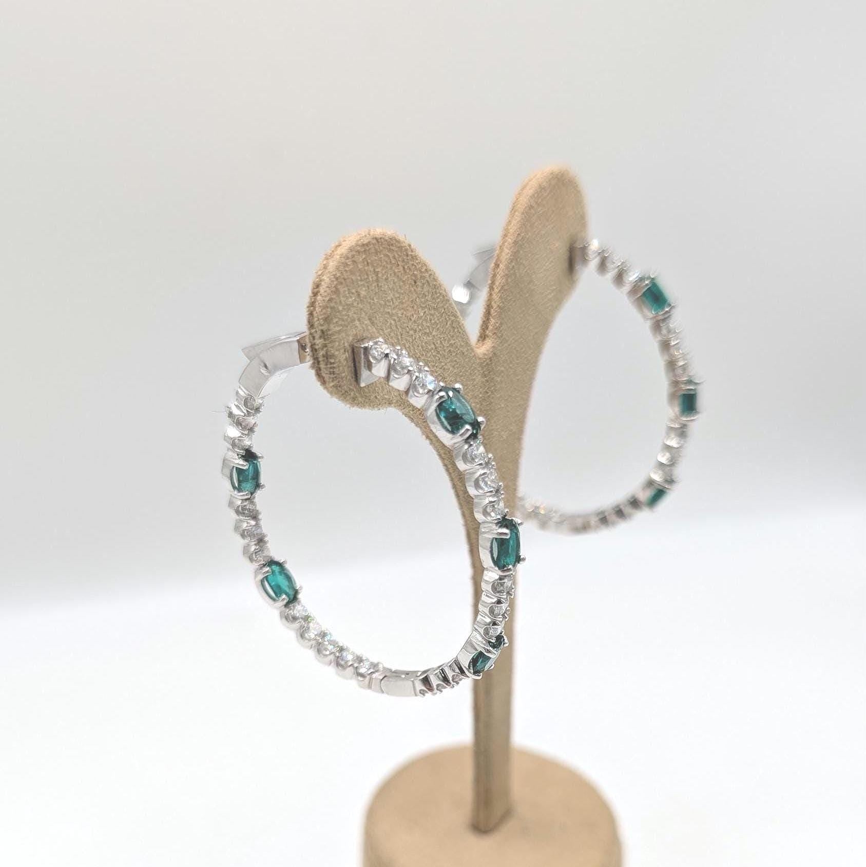 Large 14k White Gold Hoop Earrings with Oval Lab Emeralds and Round Lab Diamonds (etsy image id: 6914579621)