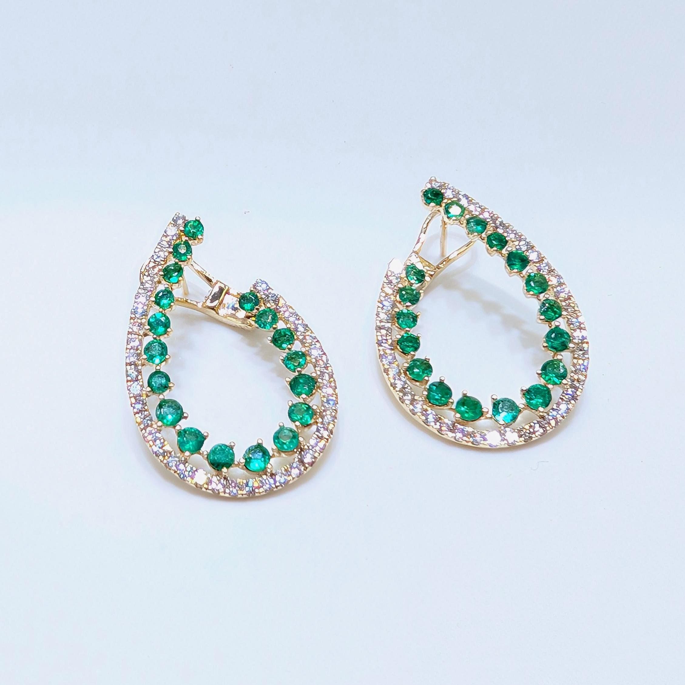 Luxurious Yellow Gold Earring with All Natural Diamonds and Emeralds (etsy image id: 6917550596)
