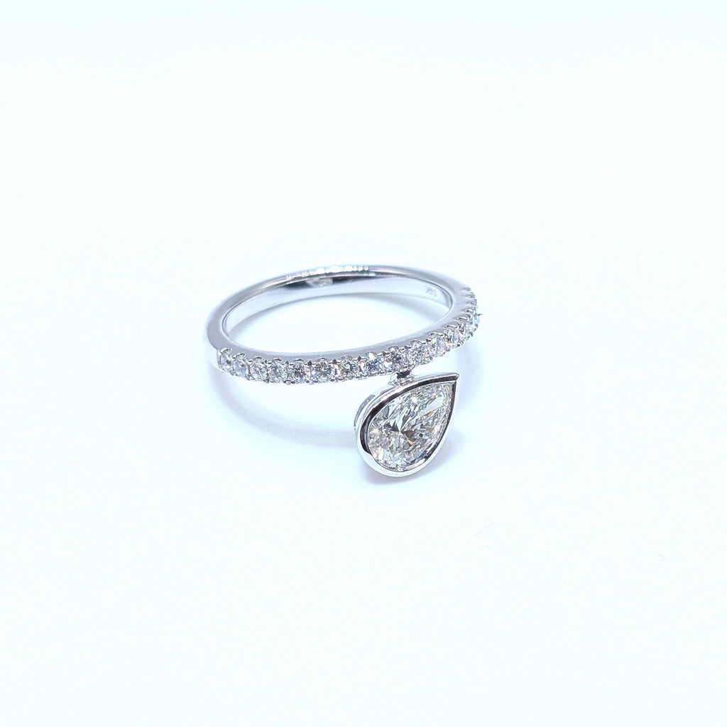 White Gold Half Circle Diamond Band Ring with Pear Shape Diamond in Bezel Setting (etsy image id: 6917681070)