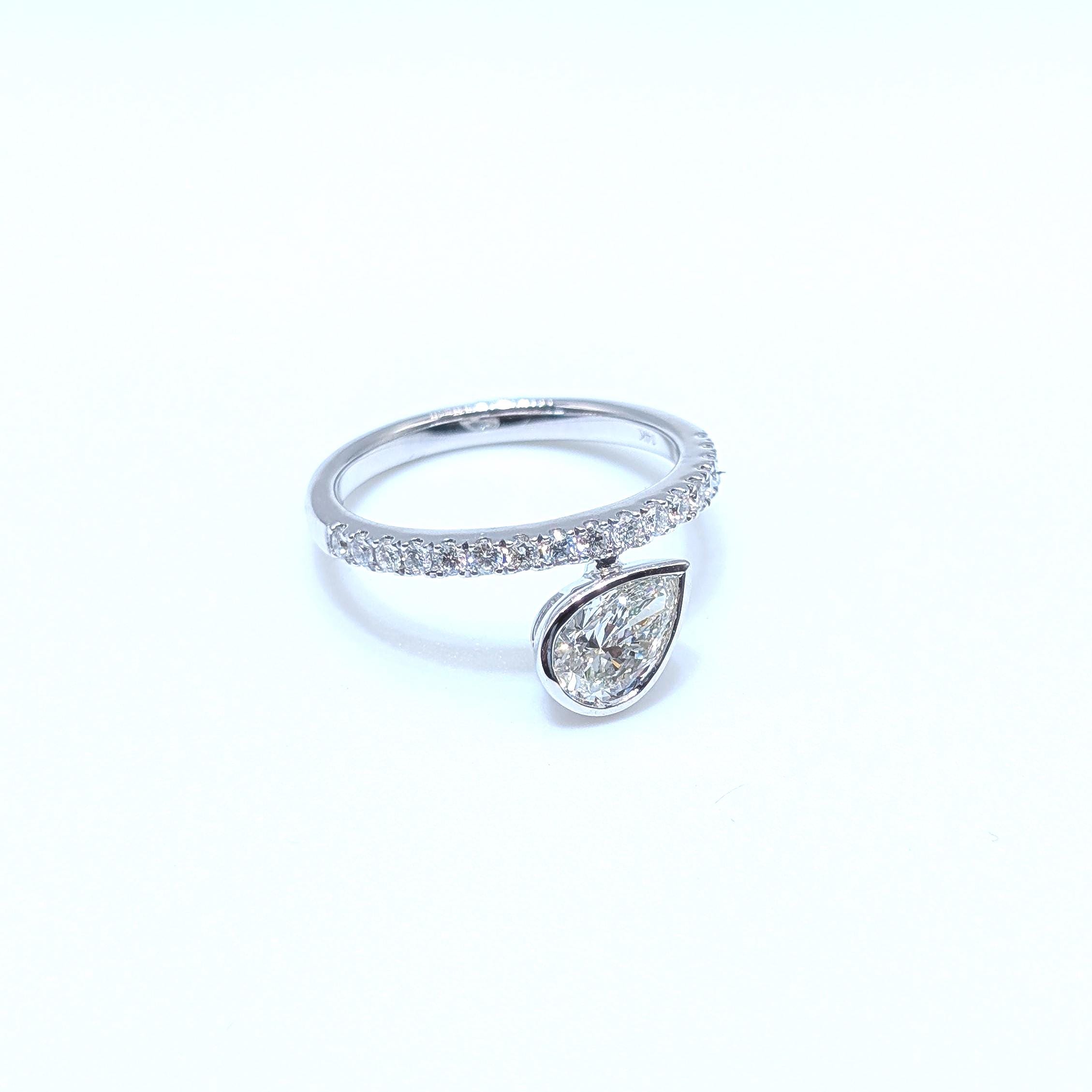 White Gold Half Circle Diamond Band Ring with Pear Shape Diamond in Bezel Setting (etsy image id: 6917681070)