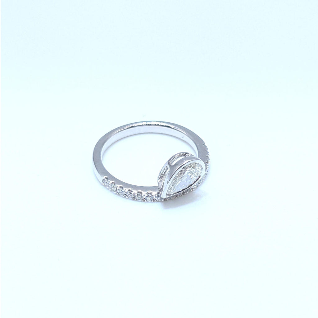 White Gold Half Circle Diamond Band Ring with Pear Shape Diamond in Bezel Setting (etsy image id: 6917692384)
