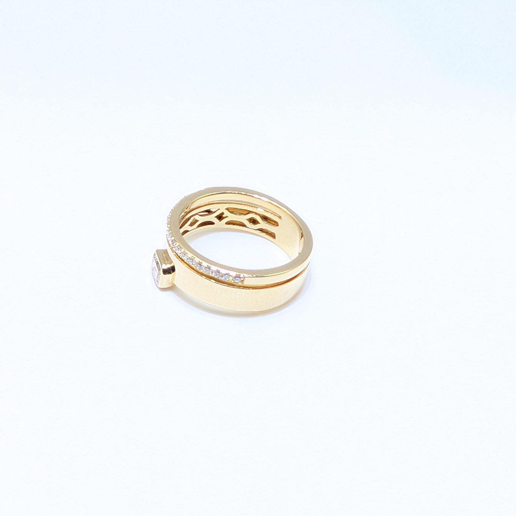 Yellow Gold Double Band Ring with Round and Emerald Cut Diamonds (etsy image id: 6917797970)