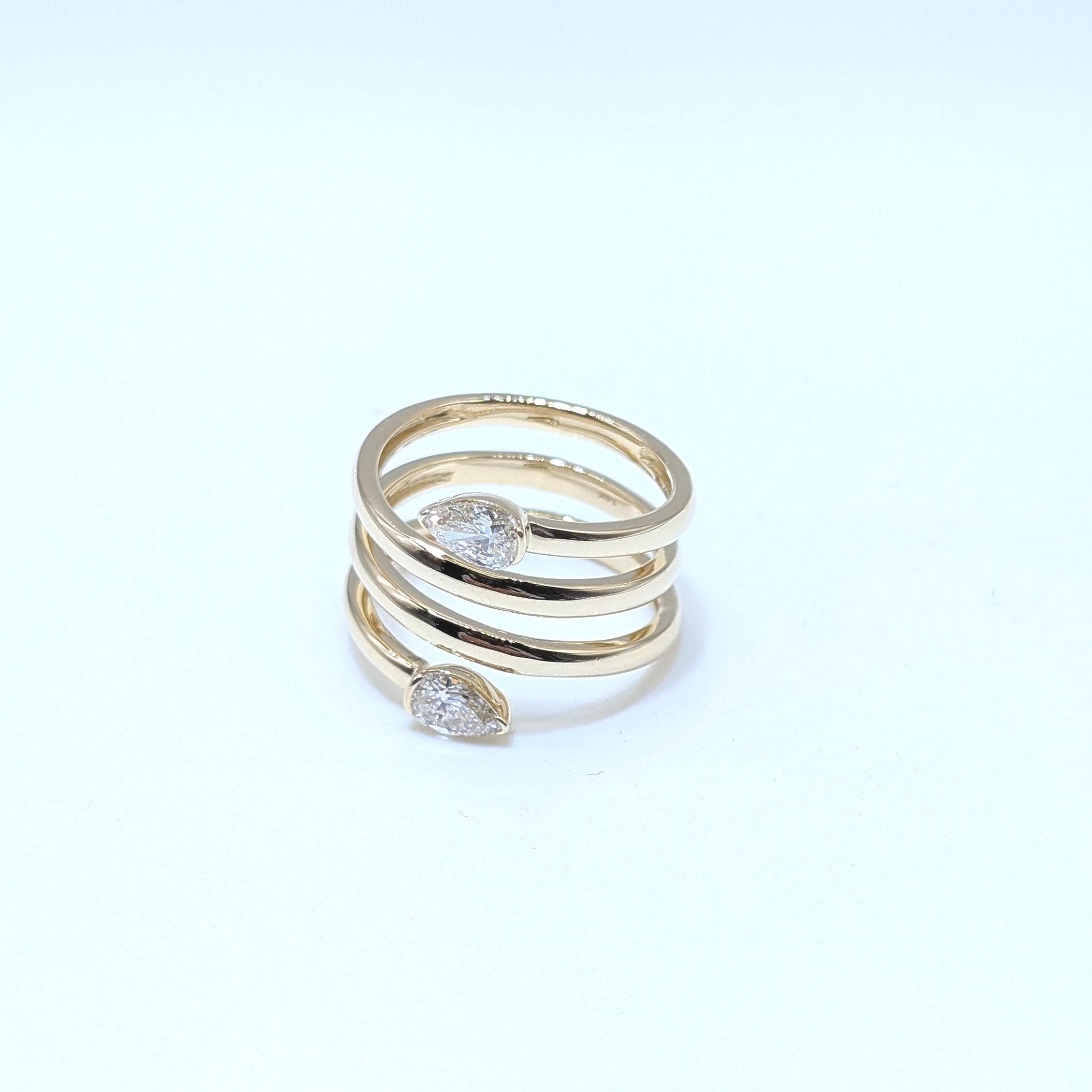 Yellow Gold Three Row By-Pass Pear Shape Diamond Ring (etsy image id: 6926392718)