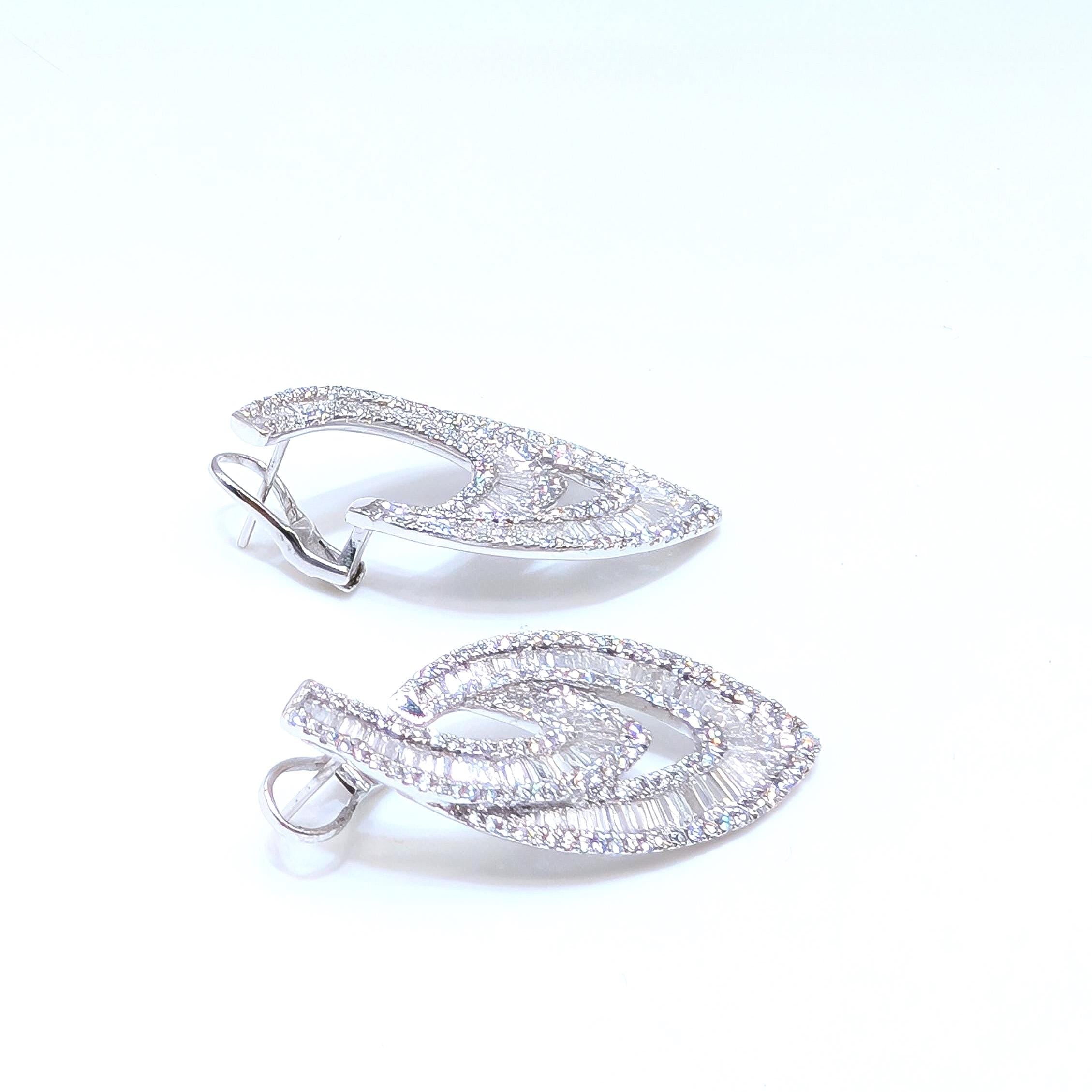 White Gold Dangle Earrings with Baguette and Round Cut Diamonds (etsy image id: 6926582546)