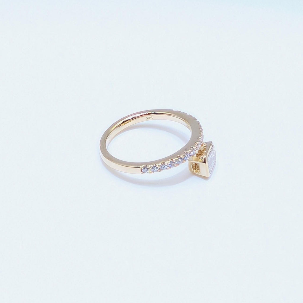 Yellow Gold Band Ring with Half Way Set Round Diamonds and One Emerald Cut Diamond (etsy image id: 6929555322)