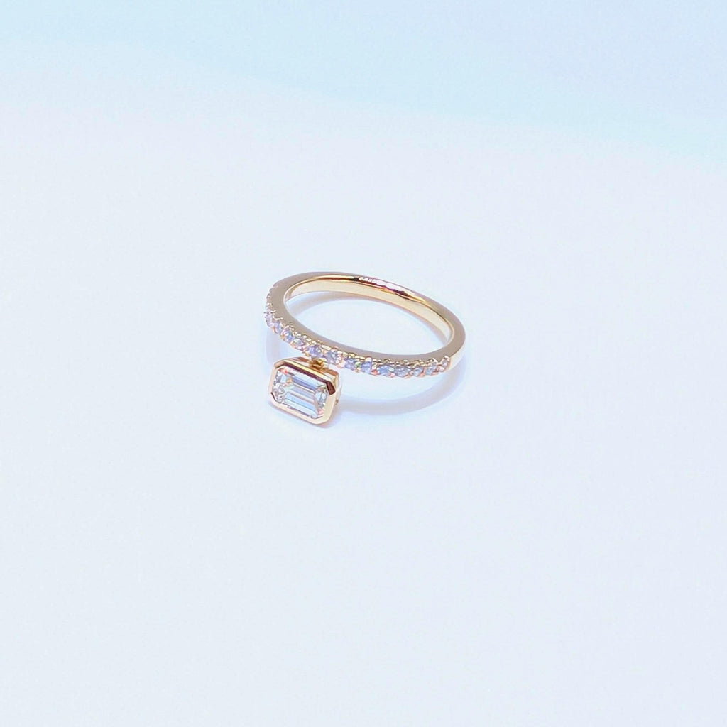 Yellow Gold Band Ring with Half Way Set Round Diamonds and One Emerald Cut Diamond (etsy image id: 6929570666)