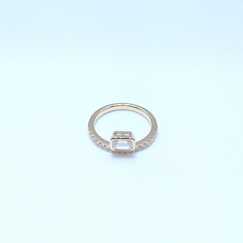 Yellow Gold Band Ring with Half Way Set Round Diamonds and One Emerald Cut Diamond (etsy image id: 6929579682)