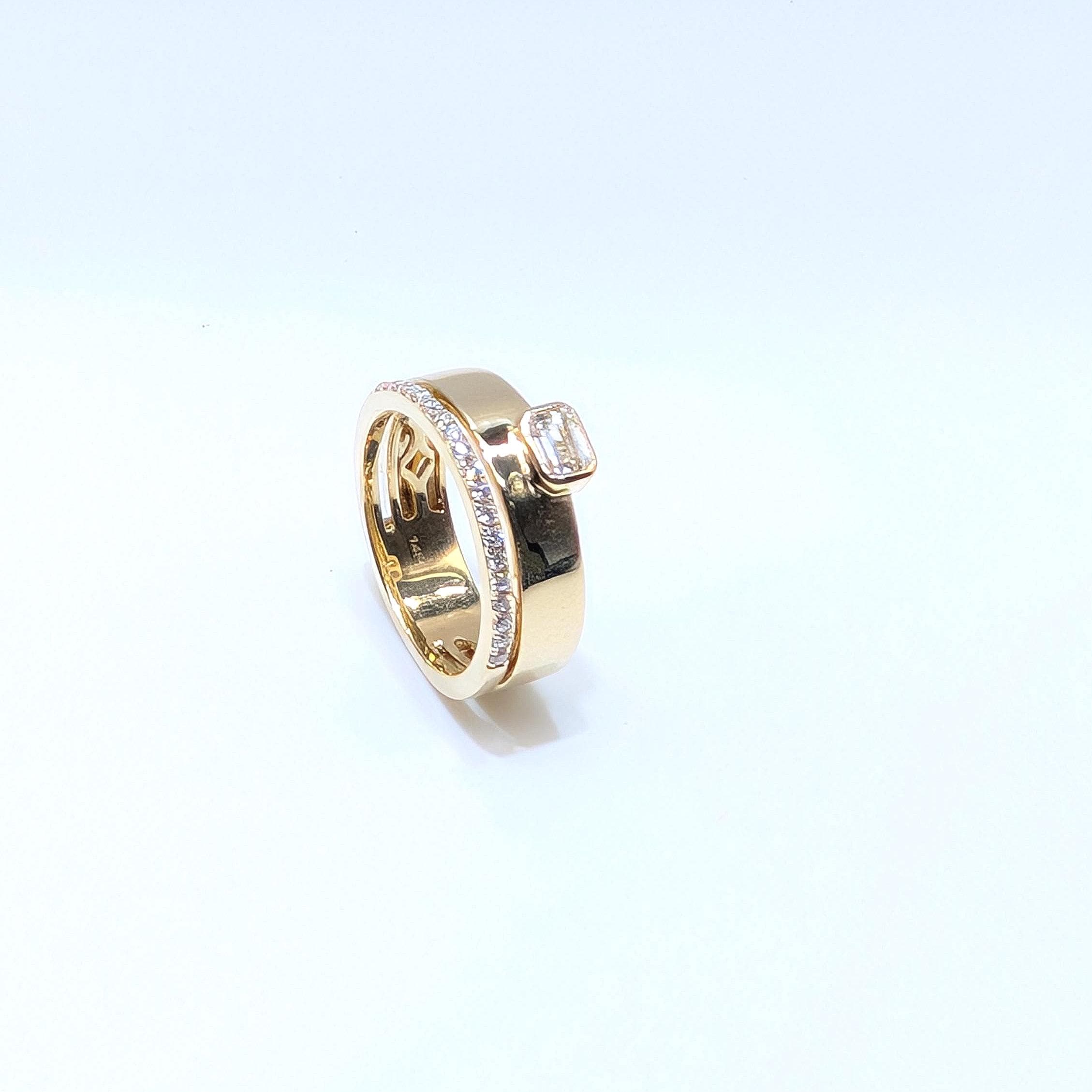 Yellow Gold Double Band Ring with Round and Emerald Cut Diamonds (etsy image id: 6965747697)
