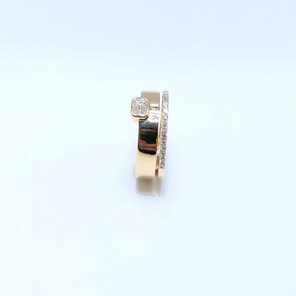 Yellow Gold Double Band Ring with Round and Emerald Cut Diamonds (etsy image id: 6965767595)