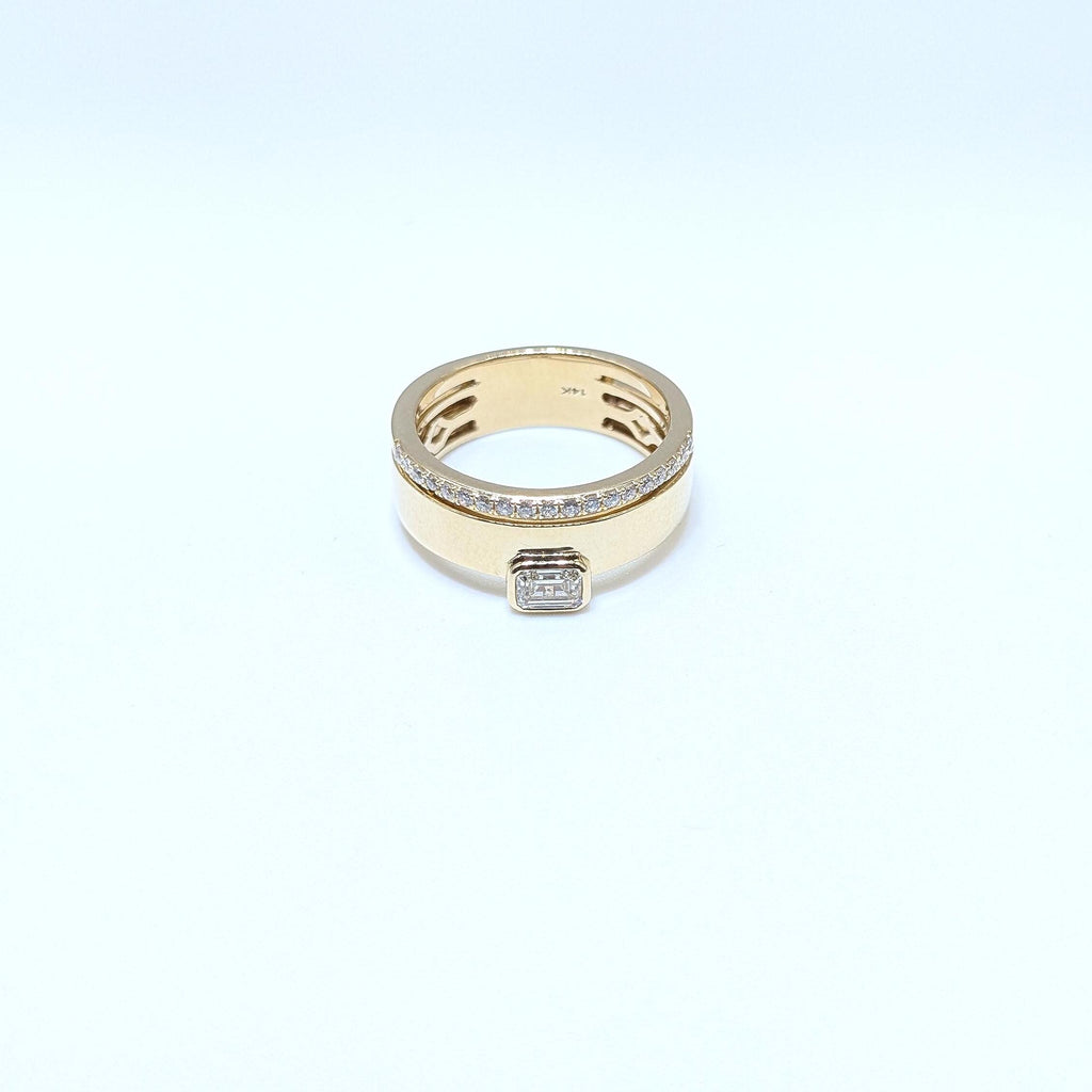 Yellow Gold Double Band Ring with Round and Emerald Cut Diamonds (etsy image id: 6965771359)