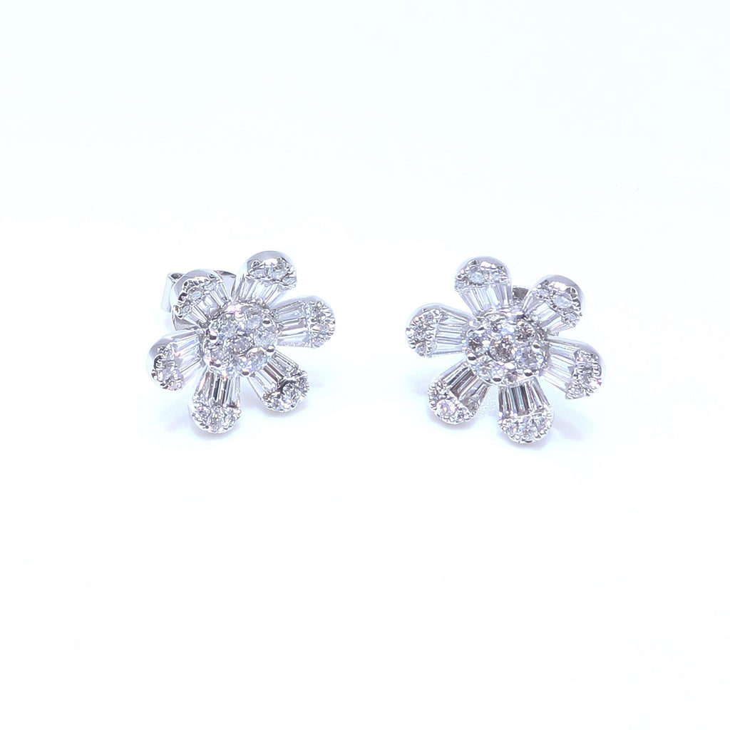 White Gold Flower Shape Diamond Stud Earrings with Baguette and Round Cut Diamonds (etsy image id: 6967251462)