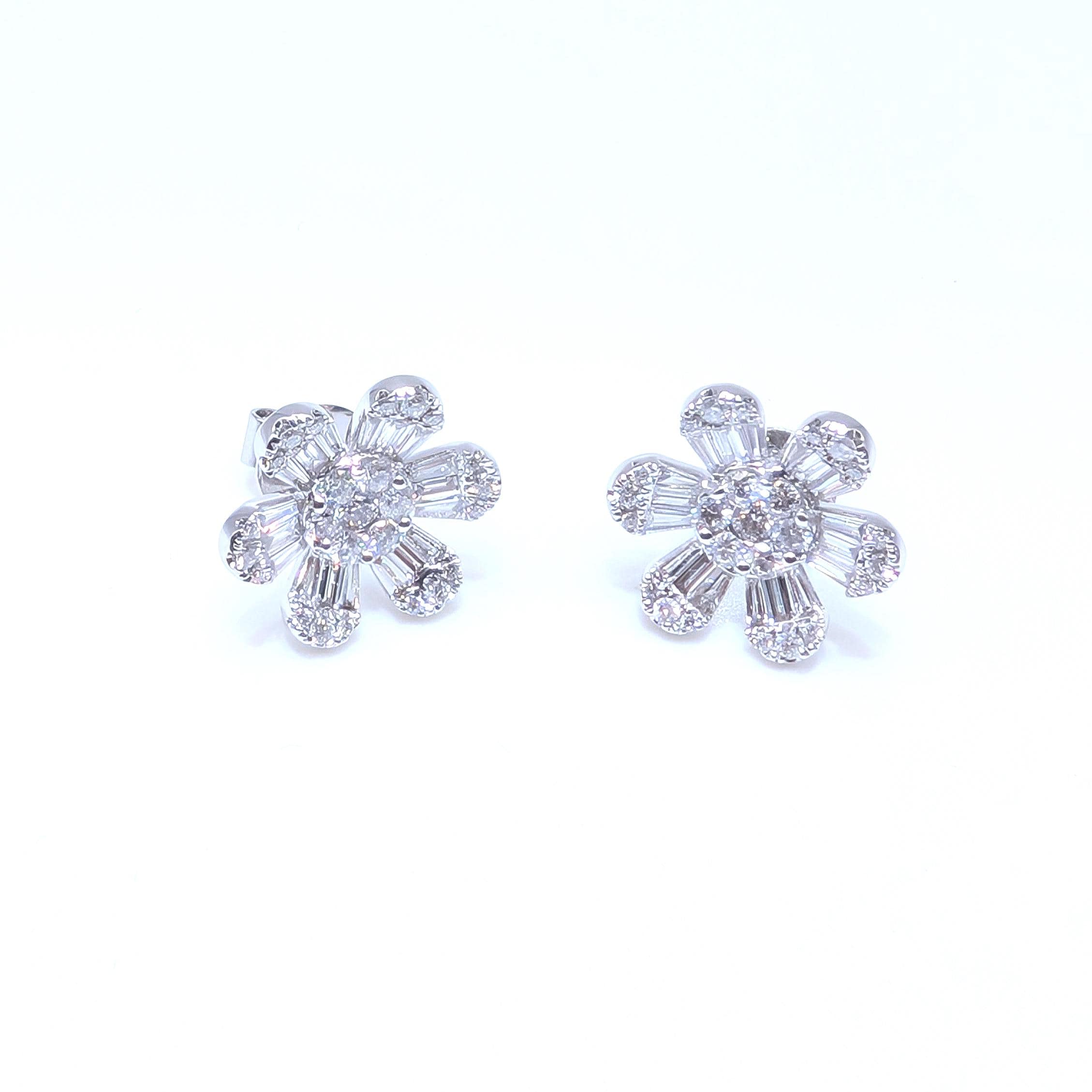 White Gold Flower Shape Diamond Stud Earrings with Baguette and Round Cut Diamonds (etsy image id: 6967251462)