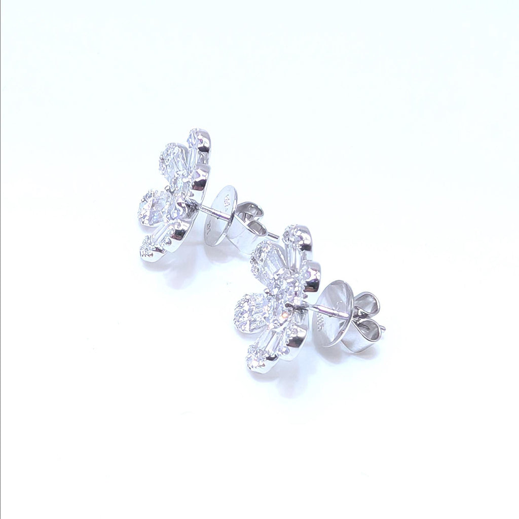 White Gold Flower Shape Diamond Stud Earrings with Baguette and Round Cut Diamonds (etsy image id: 6967253798)