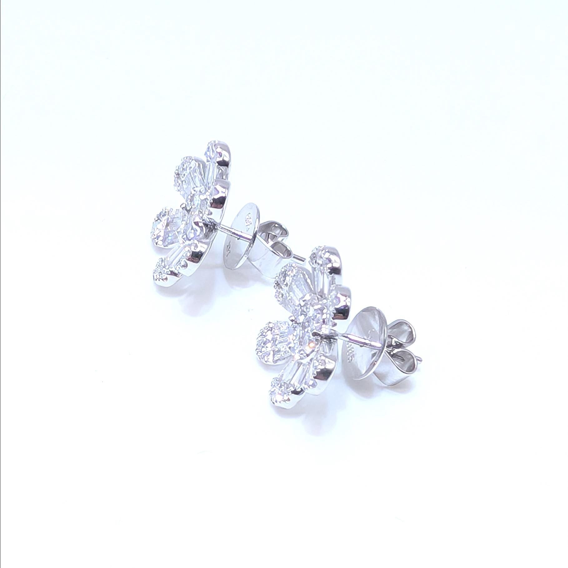 White Gold Flower Shape Diamond Stud Earrings with Baguette and Round Cut Diamonds (etsy image id: 6967253798)