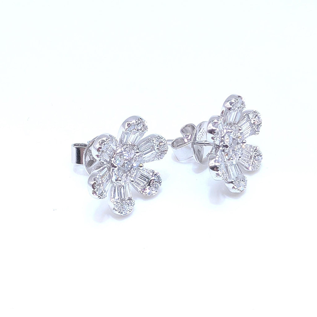White Gold Flower Shape Diamond Stud Earrings with Baguette and Round Cut Diamonds (etsy image id: 6967256388)