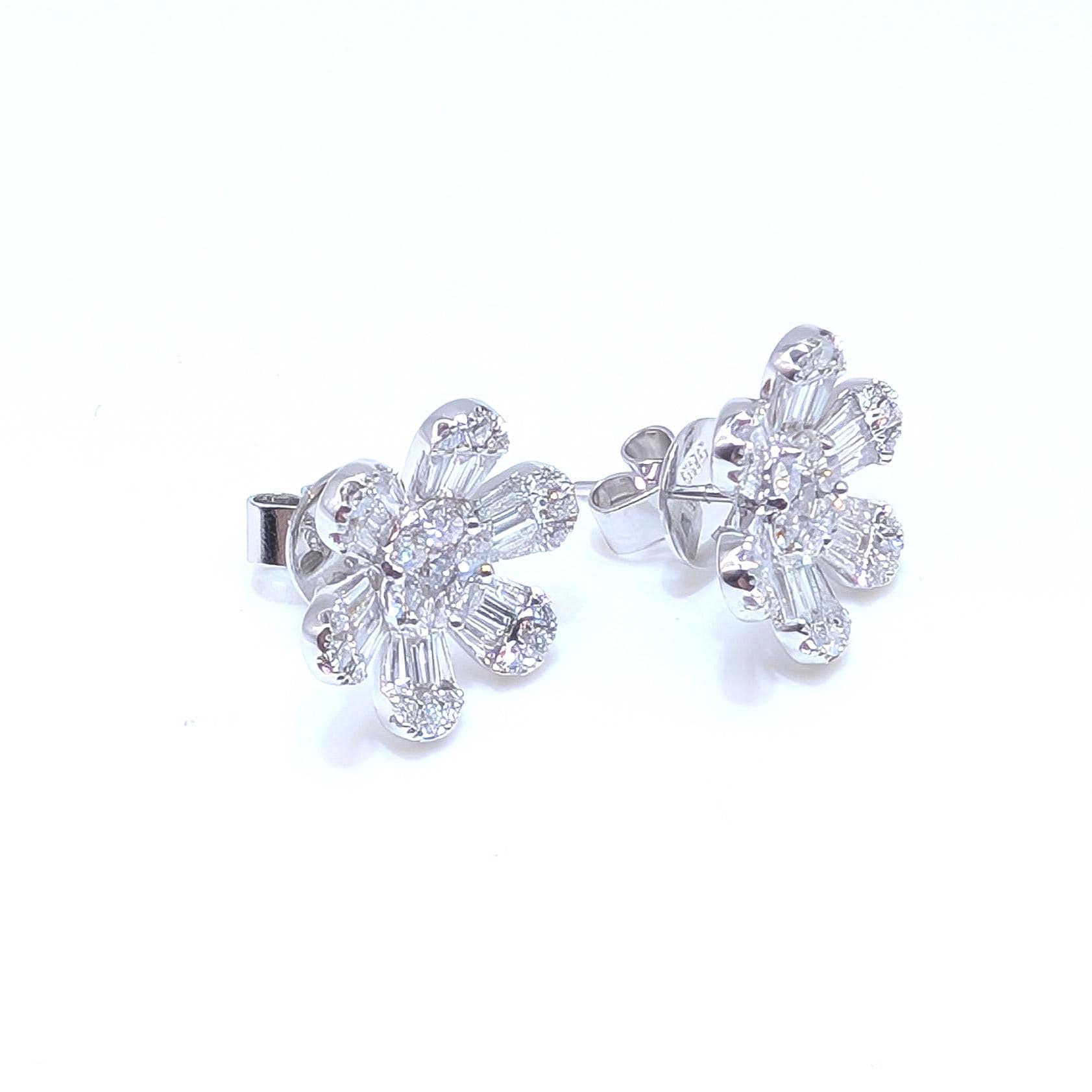 White Gold Flower Shape Diamond Stud Earrings with Baguette and Round Cut Diamonds (etsy image id: 6967256388)