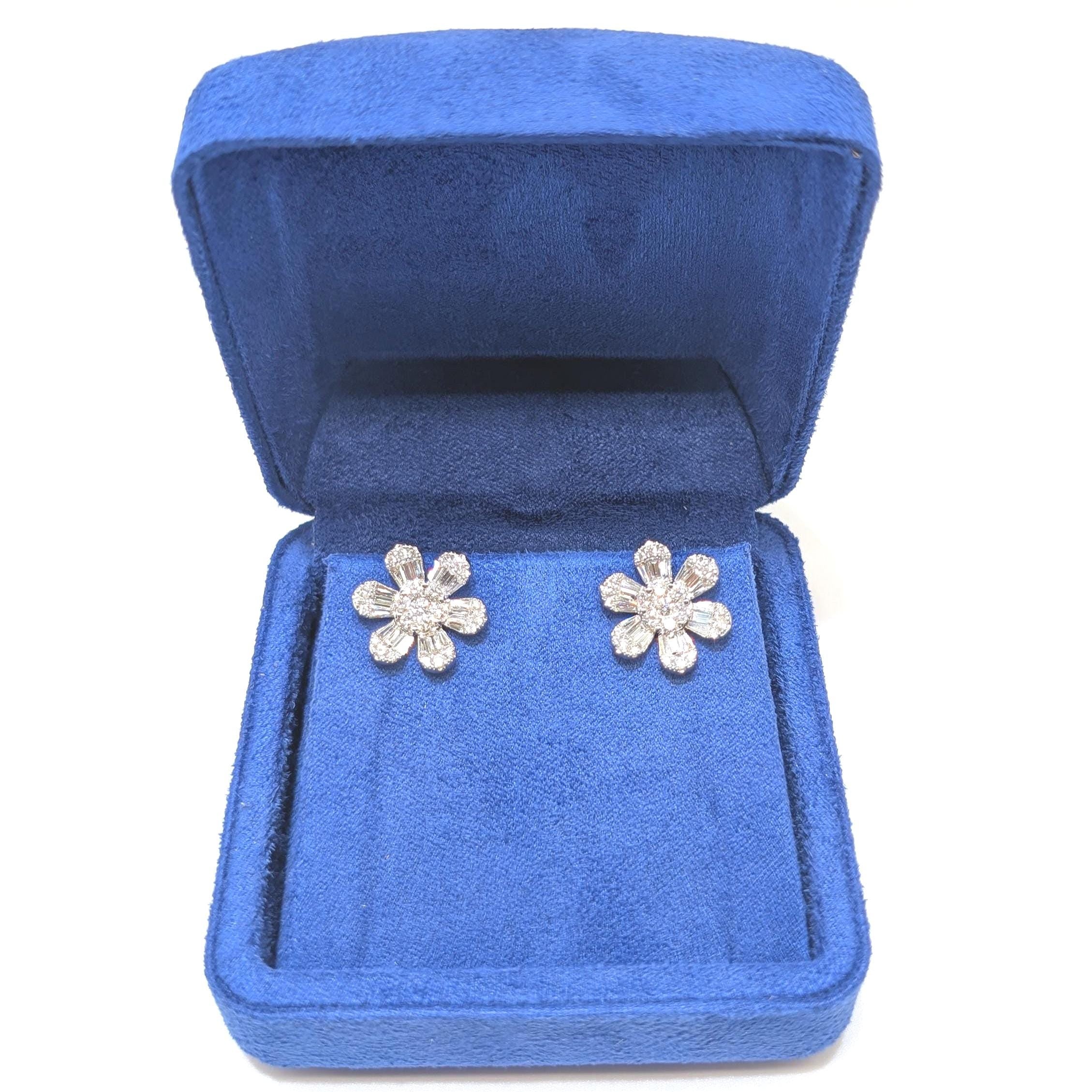 White Gold Flower Shape Diamond Stud Earrings with Baguette and Round Cut Diamonds (etsy image id: 6967257744)