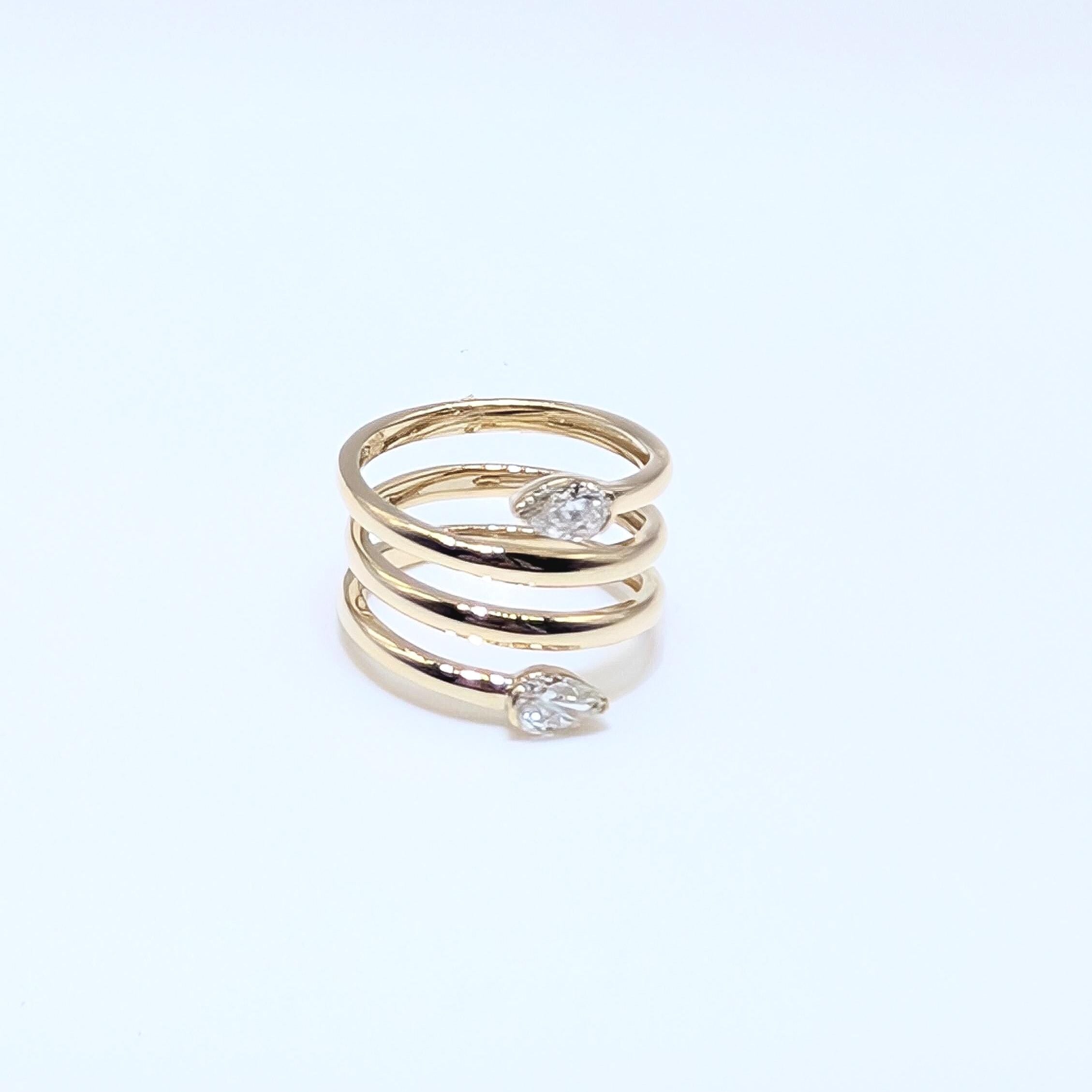 Yellow Gold Three Row By-Pass Pear Shape Diamond Ring (etsy image id: 6974358159)