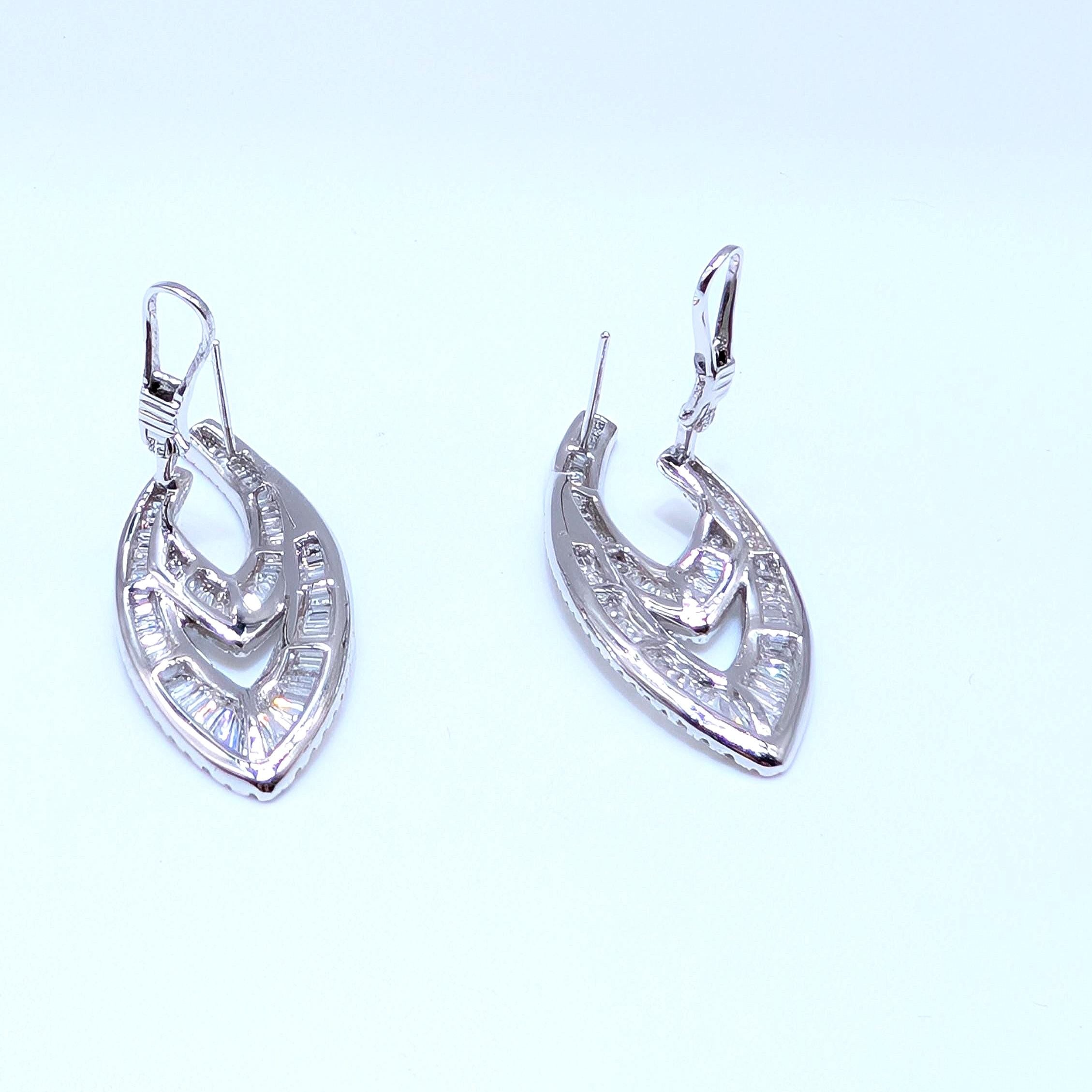 White Gold Dangle Earrings with Baguette and Round Cut Diamonds (etsy image id: 6974526917)