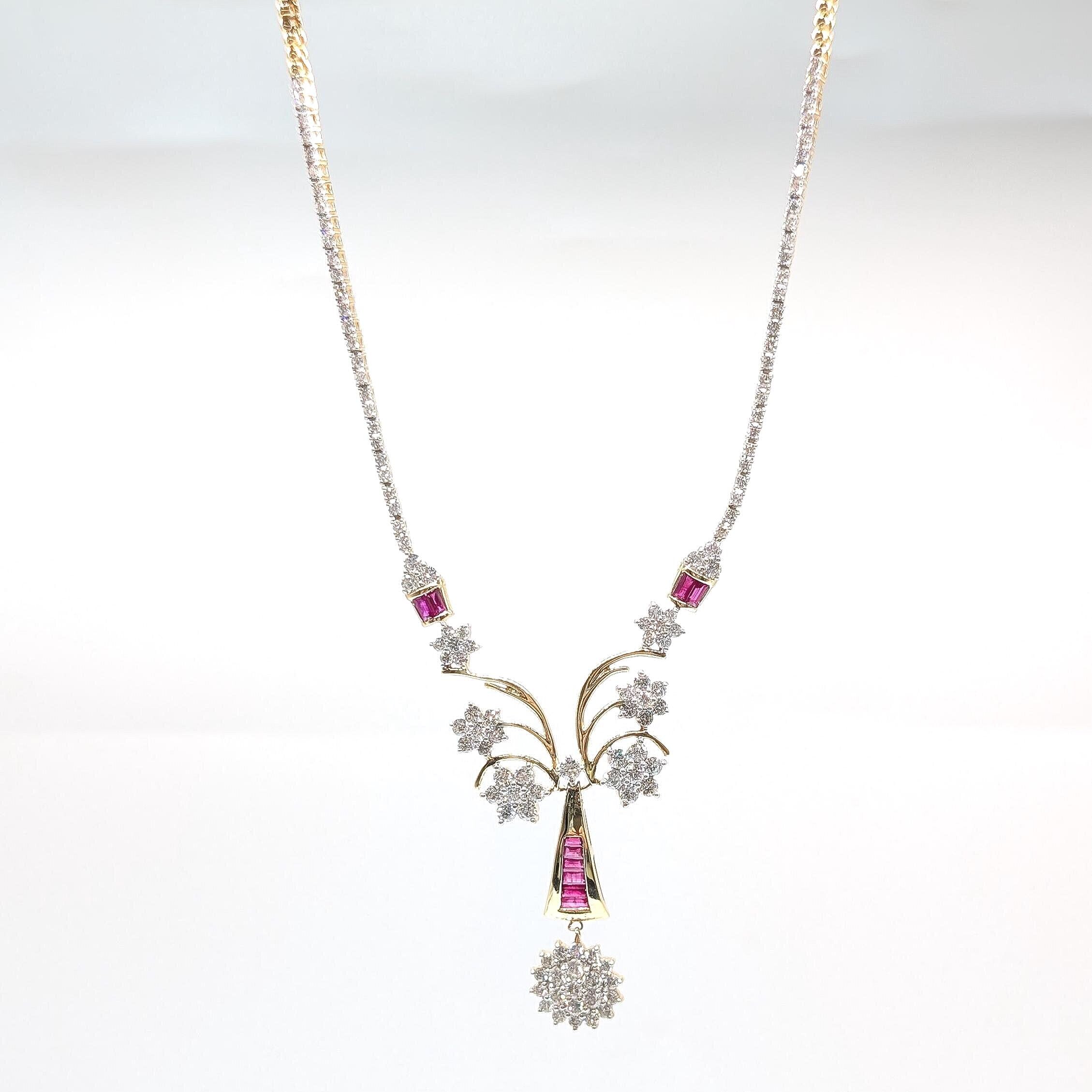 Luxurious Yellow Gold Round Cut Diamonds and Baguette Cut Ruby Necklace (etsy image id: 6982719229)