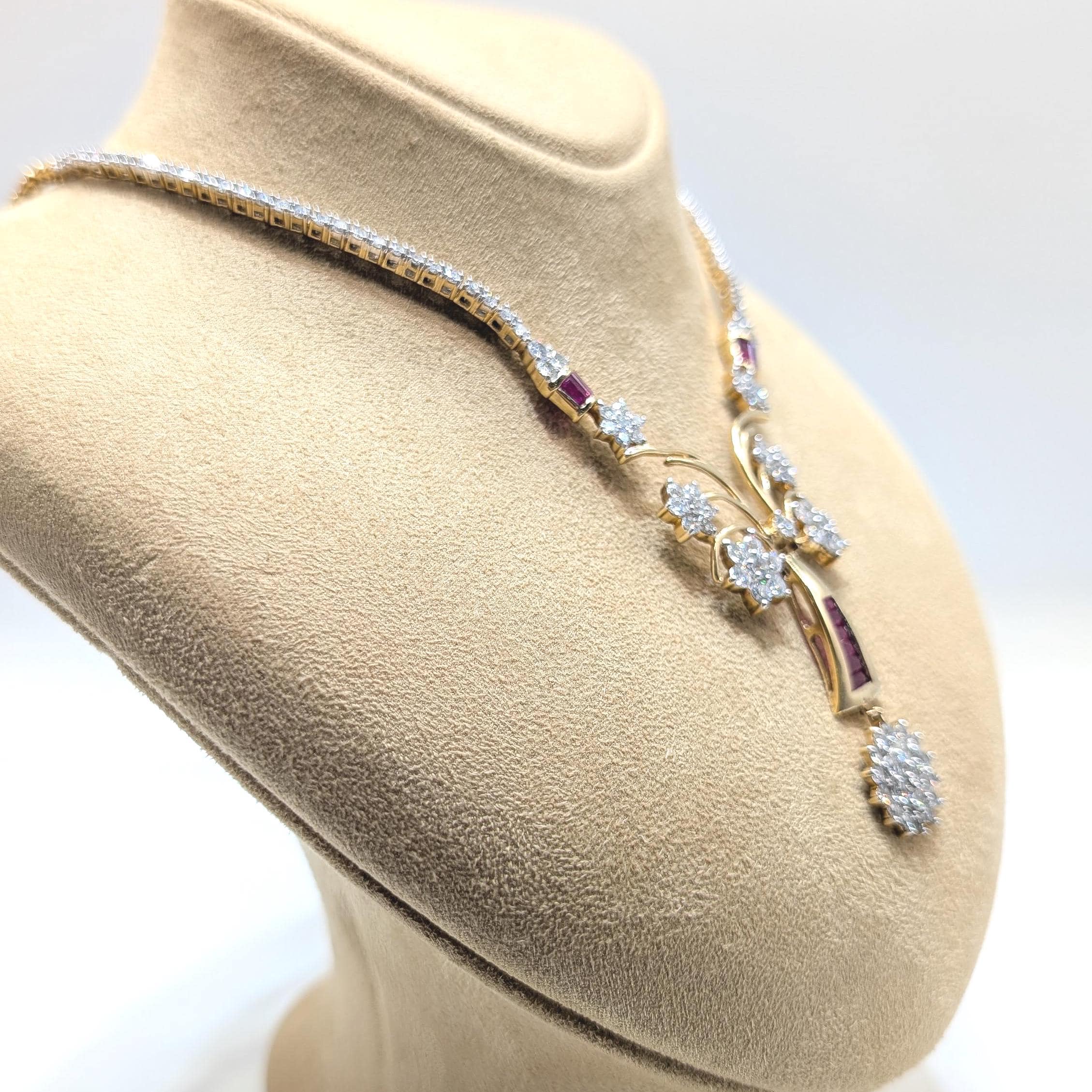 Luxurious Yellow Gold Round Cut Diamonds and Baguette Cut Ruby Necklace (etsy image id: 6982729385)