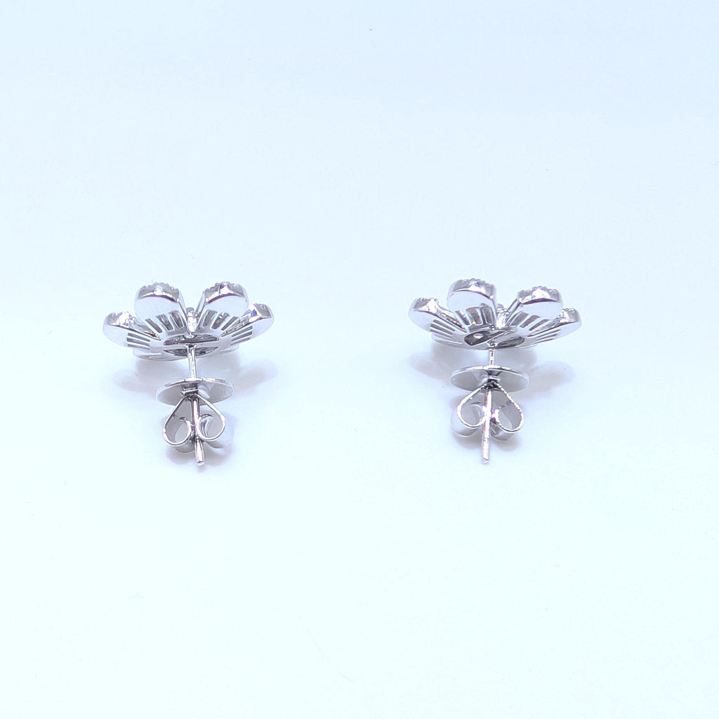 White Gold Flower Shape Diamond Stud Earrings with Baguette and Round Cut Diamonds (etsy image id: 7015228405)