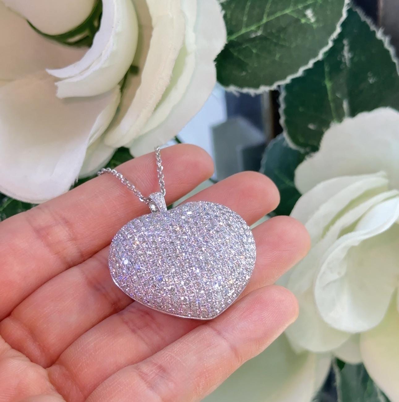 18K White Gold Diamond Heart Pendant – 8.40ct Round Diamonds, VS2 F-G DP057 ZJJJ (etsy image id: 7247450913)