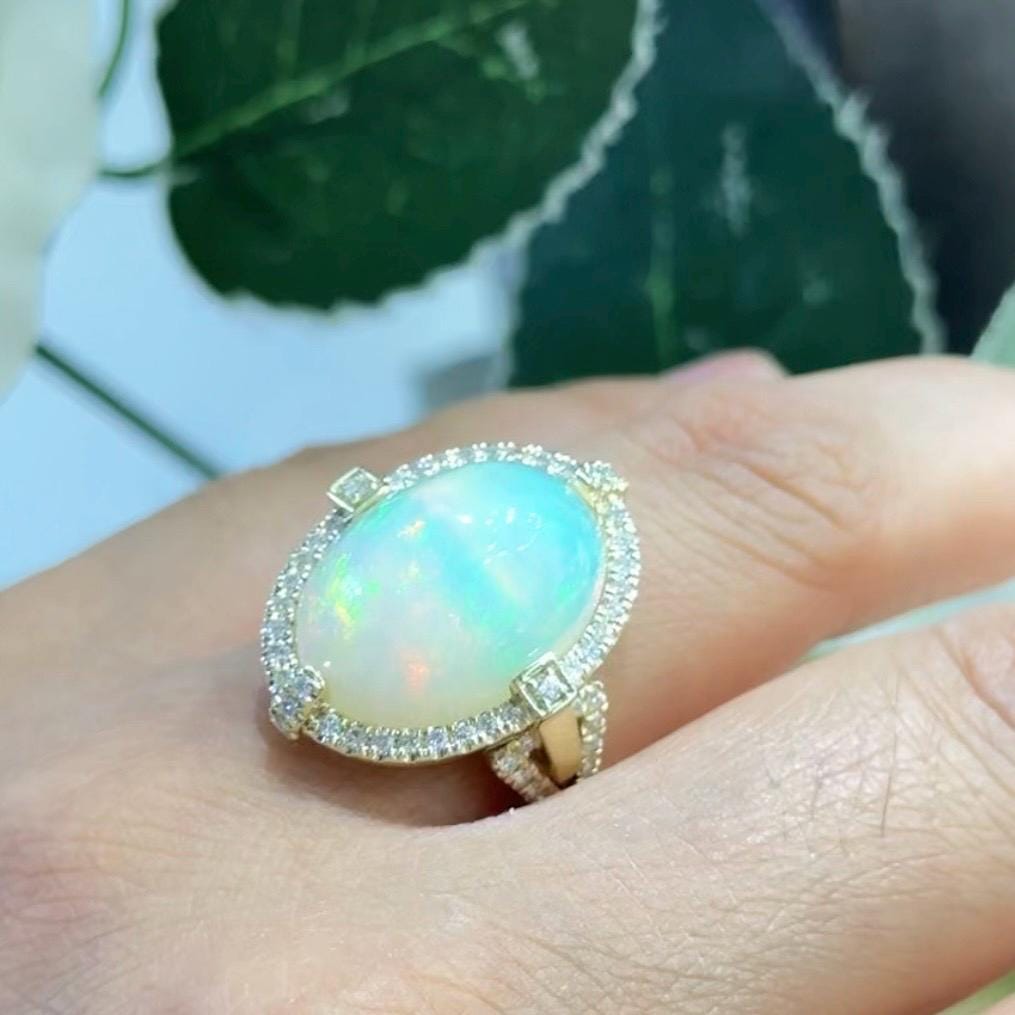 14K Yellow Gold Diamond & Opal Ring – 0.63ct Diamonds, 9.85ct Opal .DC-R14934-1 IEJJ (etsy image id: 7247455587)