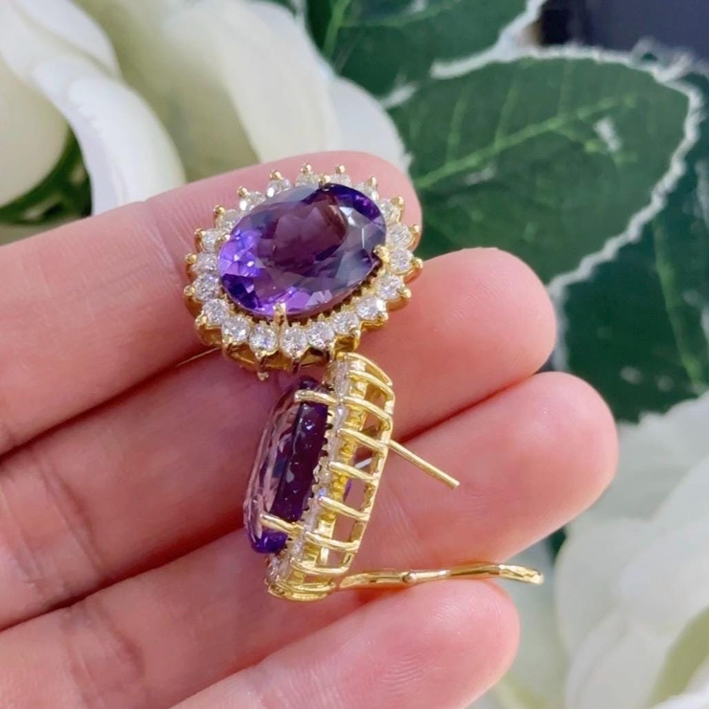 18K Yellow Gold Diamond & Amethyst Earrings – 2ct Diamonds, 16ct Amethysts COLER027 GJJJ (etsy image id: 7247472369)