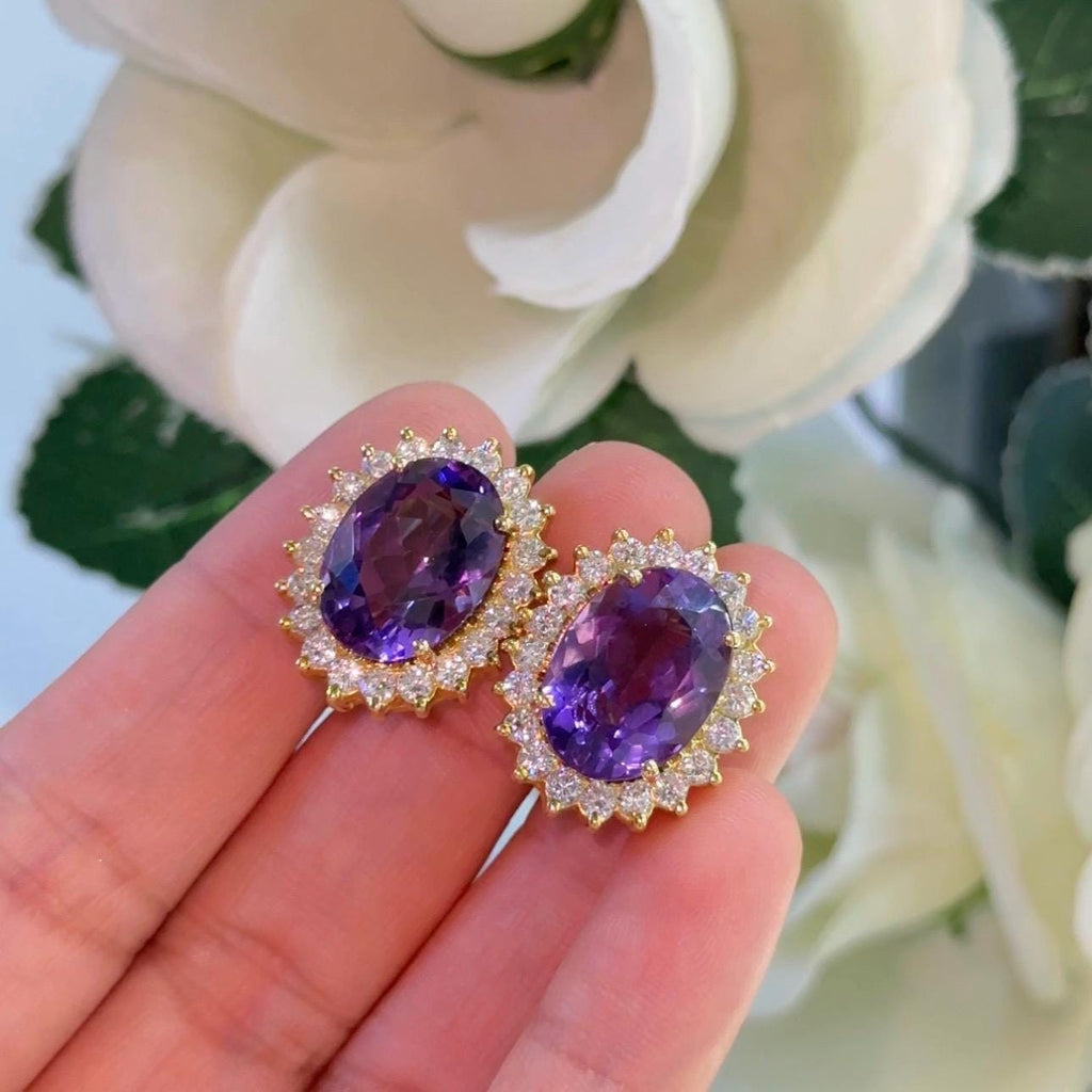 18K Yellow Gold Diamond & Amethyst Earrings – 2ct Diamonds, 16ct Amethysts COLER027 GJJJ (etsy image id: 7247472371)
