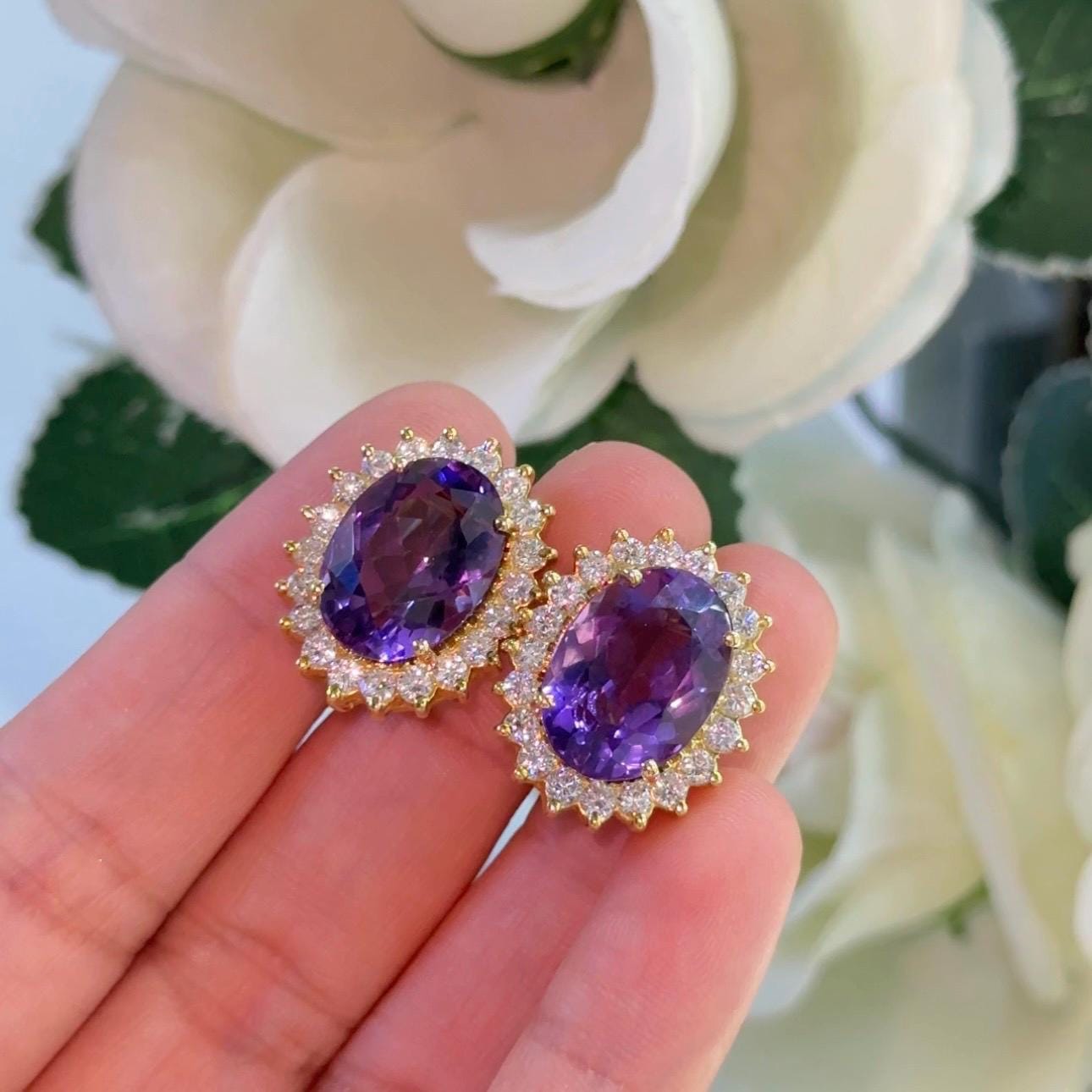 18K Yellow Gold Diamond & Amethyst Earrings – 2ct Diamonds, 16ct Amethysts COLER027 GJJJ (etsy image id: 7247472371)