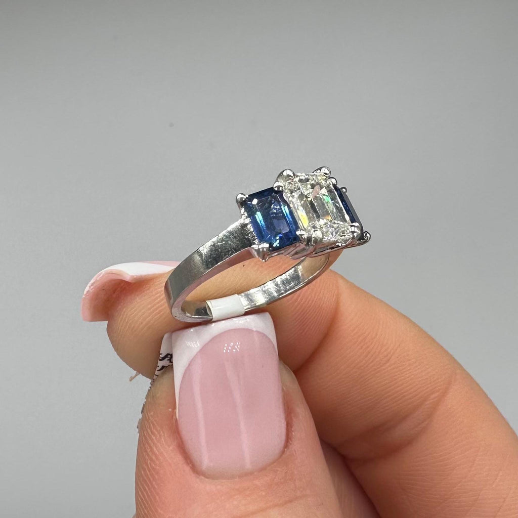Platinum Ring – 1.54ct GIA Emerald-Cut Diamond & 1.50ct Emerald-Cut Sapphires. SDR099 LTJJ (etsy image id: 7787304394)