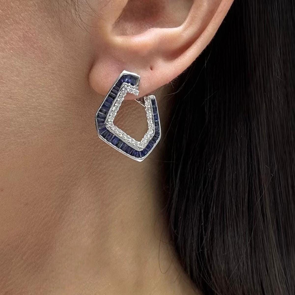 14kT White Gold Earrings with 0.90ct Diamonds and 3.50ct Sapphires. IZNJ (etsy image id: 7787389426)