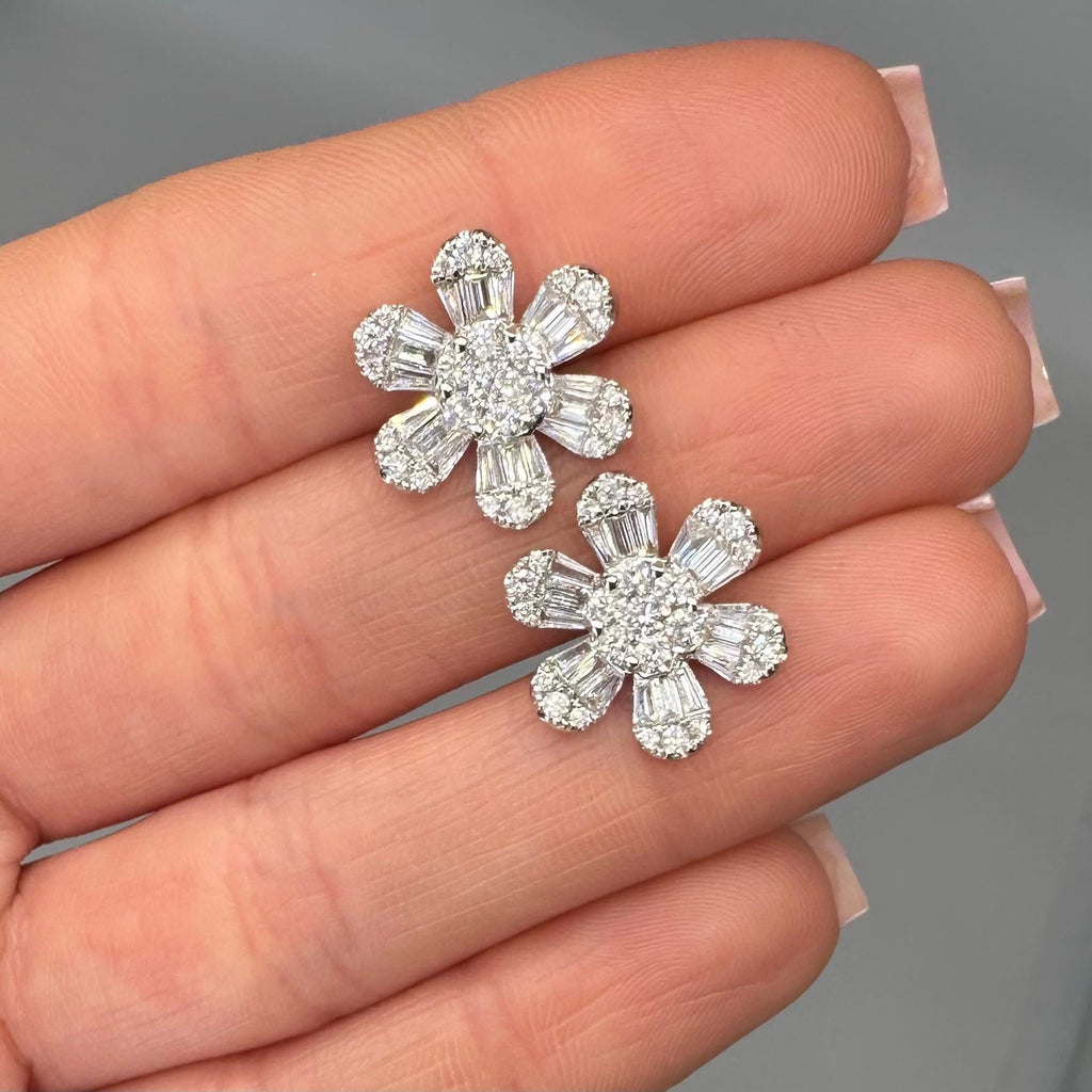 14kT White Gold Flower-shaped Earrings, 2.23ct Baguette & Round Cut Diamonds. GSSJ (etsy image id: 7787423526)