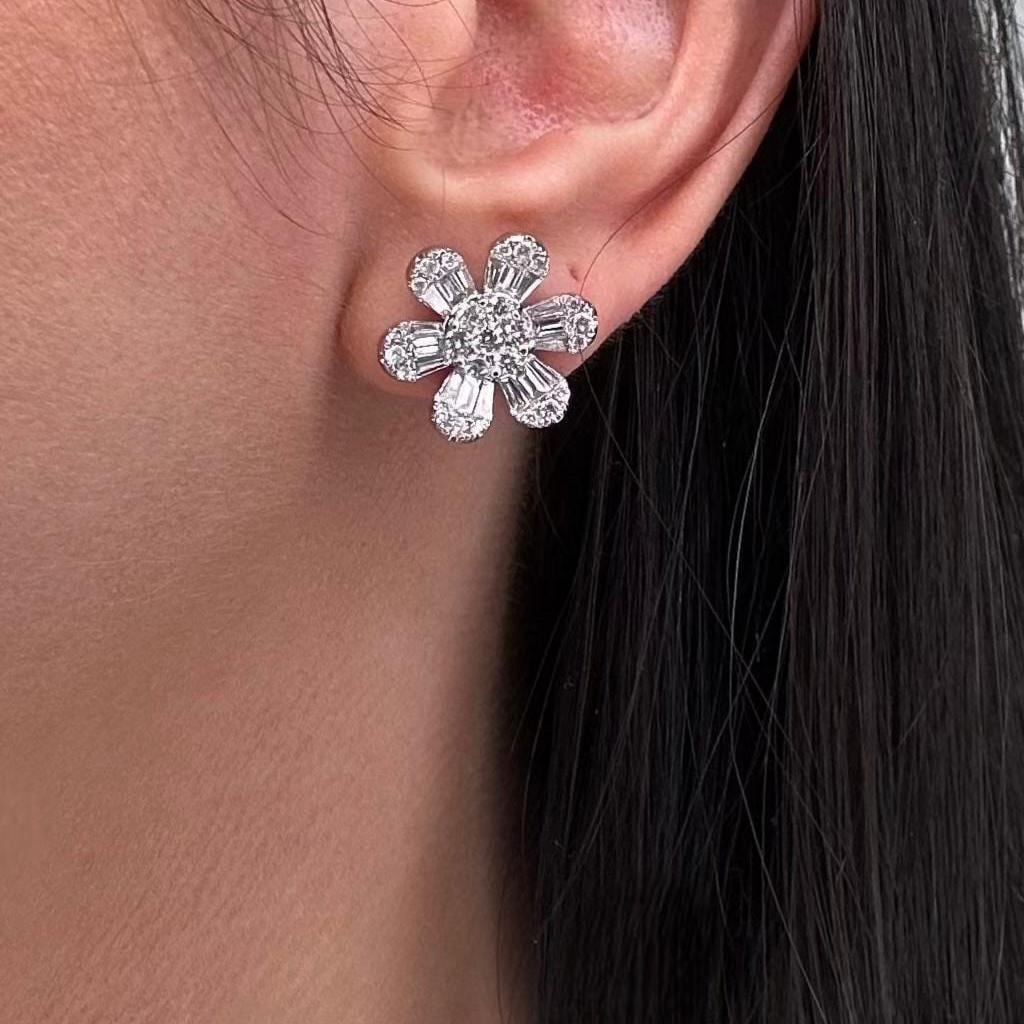14kT White Gold Flower-shaped Earrings, 2.23ct Baguette & Round Cut Diamonds. GSSJ (etsy image id: 7787424342)