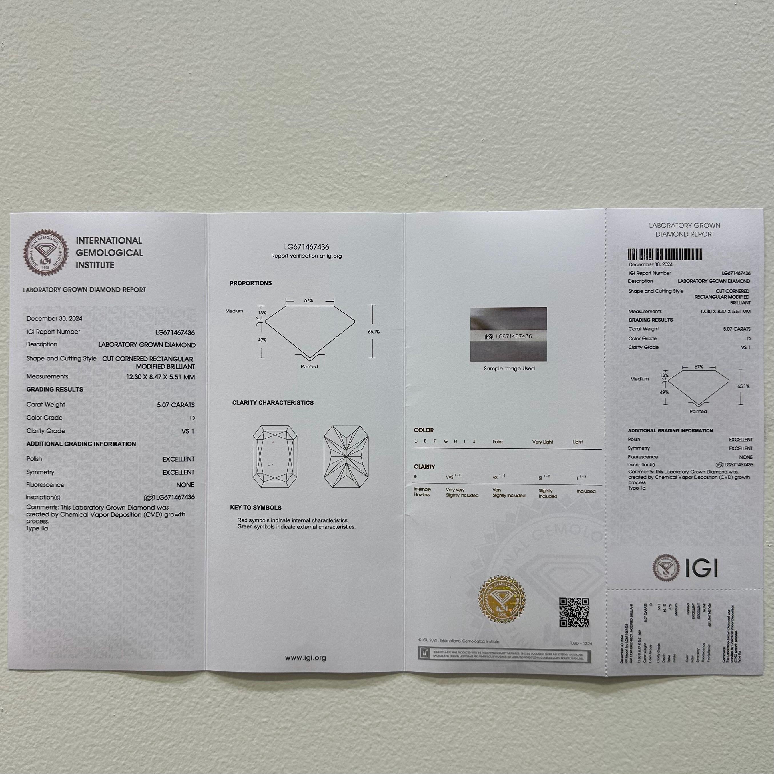 18KT White Gold Ring with 5.07ct Radiant Lab-Grown Diamond (IGI Certified) and 0.57ct Total Natural Round Diamonds. RADER019 GJJJ __etsy:7813222376