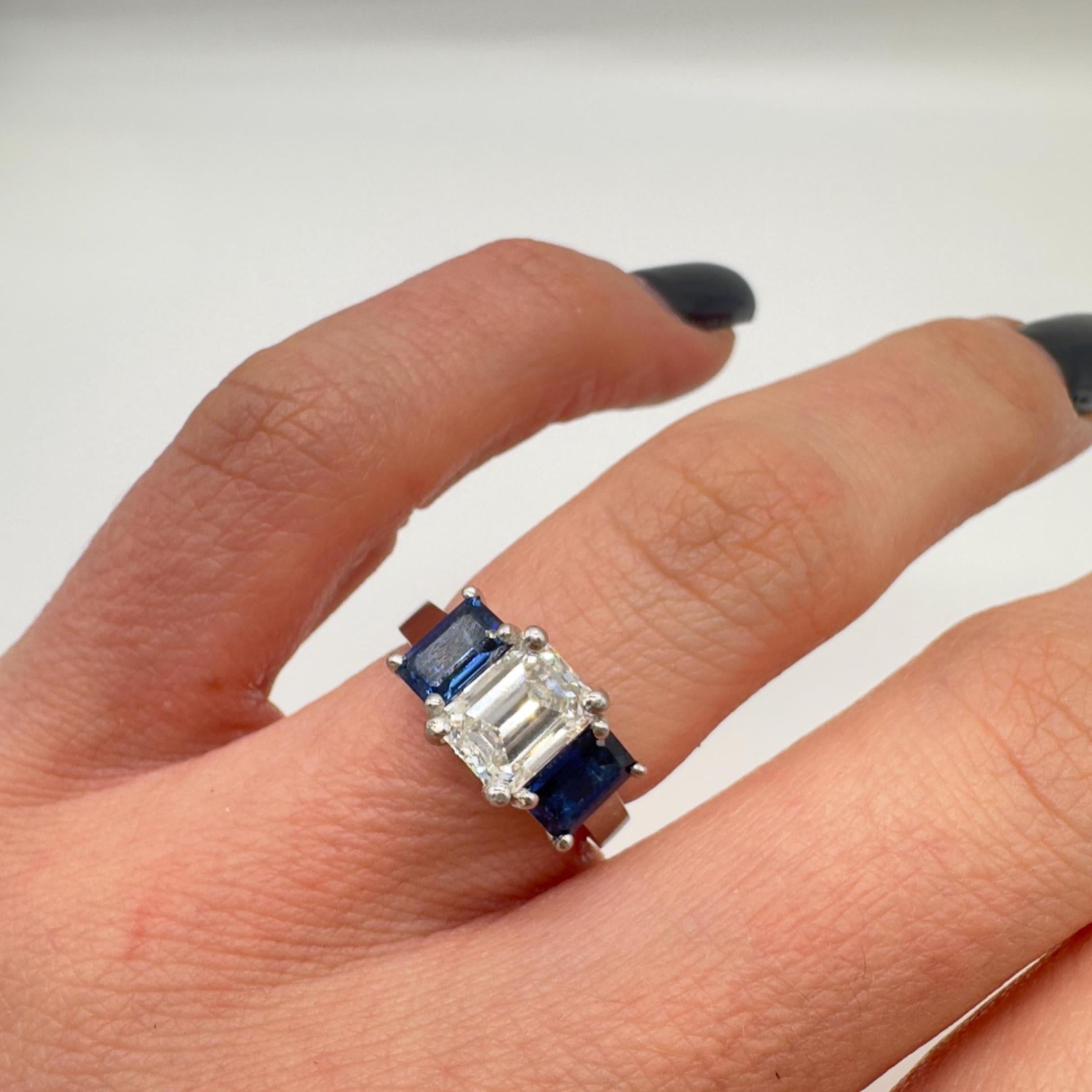 Platinum Ring – 1.54ct GIA Emerald-Cut Diamond & 1.50ct Emerald-Cut Sapphires. SDR099 LTJJ (etsy image id: 7835233033)