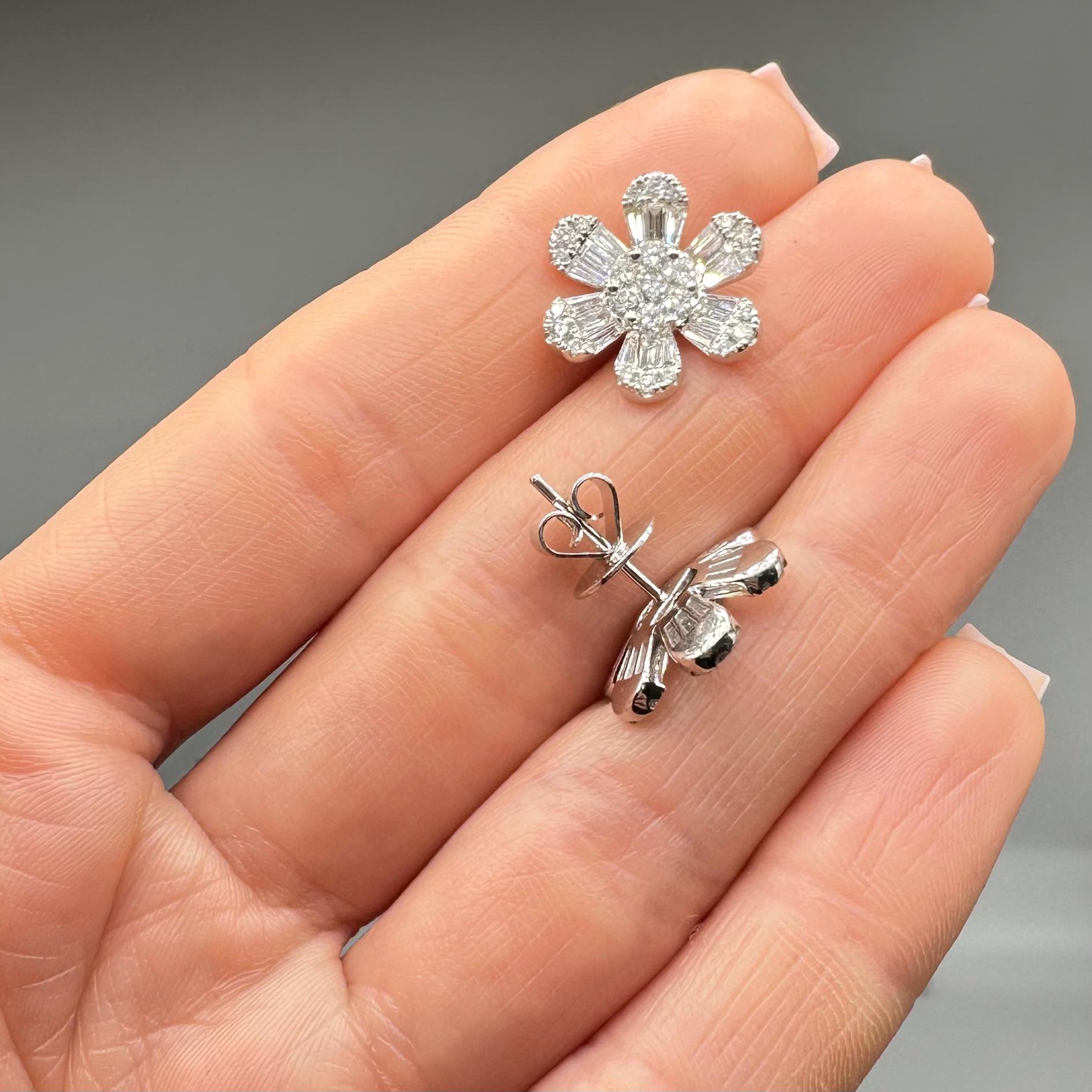 14kT White Gold Flower-shaped Earrings, 2.23ct Baguette & Round Cut Diamonds. GSSJ (etsy image id: 7835352711)