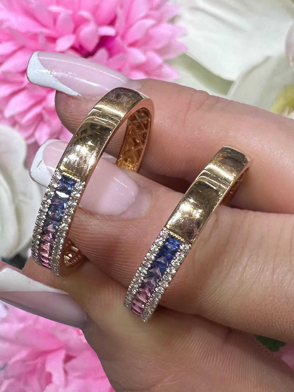 18KT Rose Gold Diamond and Multi-Color Sapphire Oval Hoop Earrings – 0.69 CTW Diamonds, 2.28 CTW Sapphires GZJJ (etsy image id: 7860530790)